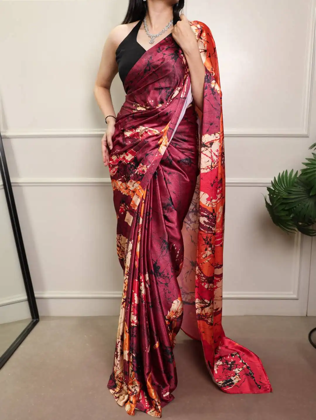 WMN 7012A Satin Silk Printed Saree with Natural Silk Blouse