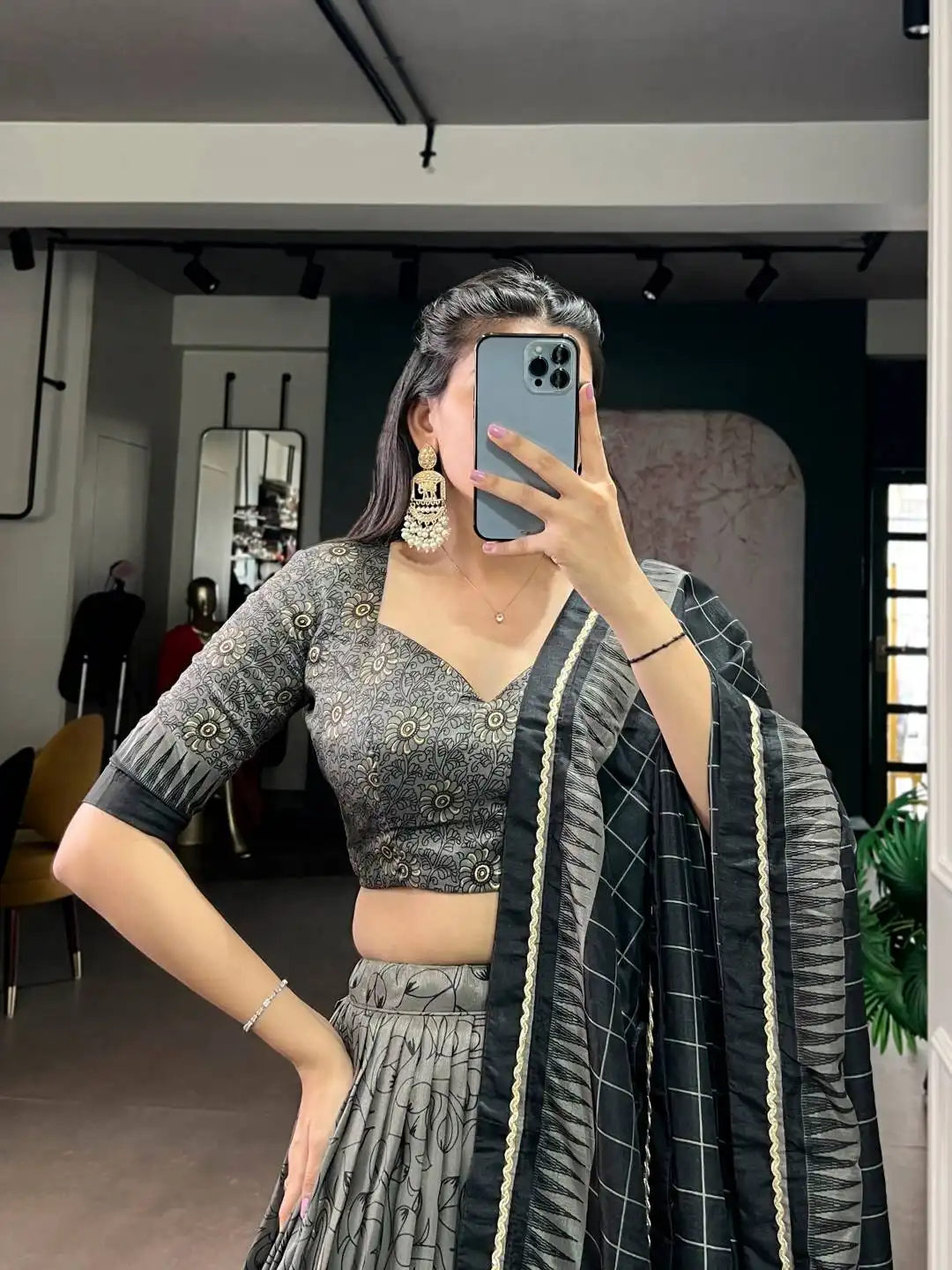 WMN 1206 Kalamkari Print Lehenga Choli in Tasar Silk