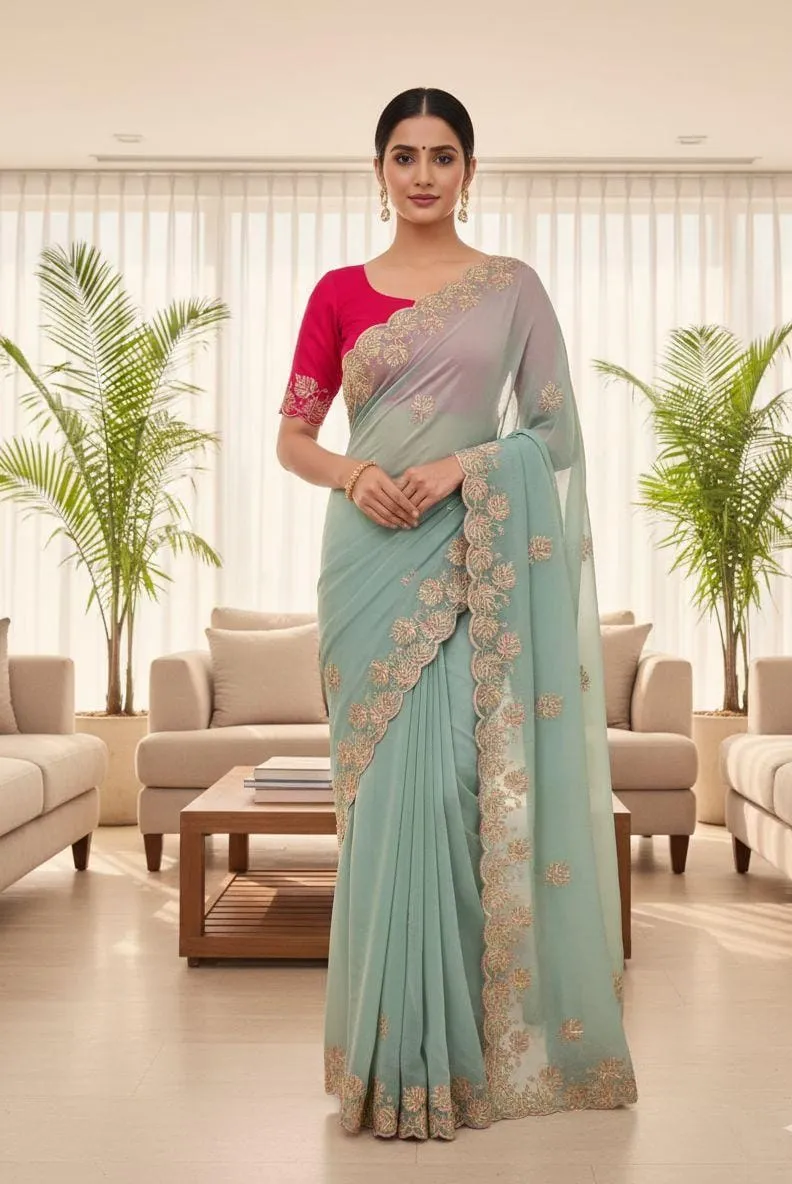 Vt 829 T Moss Chiffon Multi Thread Worked Fancy Saree Collection Vt 829 T Moss Chiffon Multi Thread Worked Fancy Saree Collection - Image 1