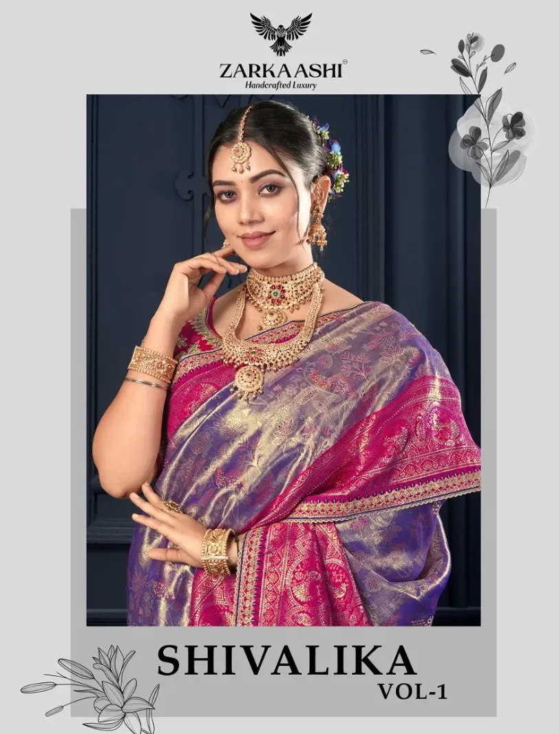 Zarkaashi Shivalika Vol 1 Nylone Tissue Festival Wear Saree Collection Zarkaashi Shivalika Vol 1 Nylone Tissue Festival Wear Saree Collection - Image 1