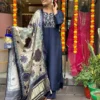Zarin 54 Navy Blue Chanderi Embroidery Kurti Pant With Dupatta