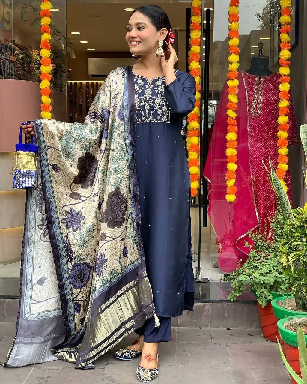 Zarin 54 Navy Blue Chanderi Embroidery Kurti Pant With Dupatta