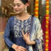 Zarin 54 Navy Blue Chanderi Embroidery Kurti Pant With Dupatta