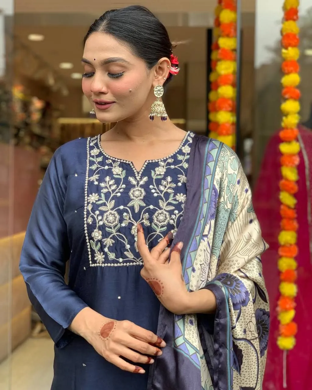 Zarin 54 Navy Blue Chanderi Embroidery Kurti Pant With Dupatta