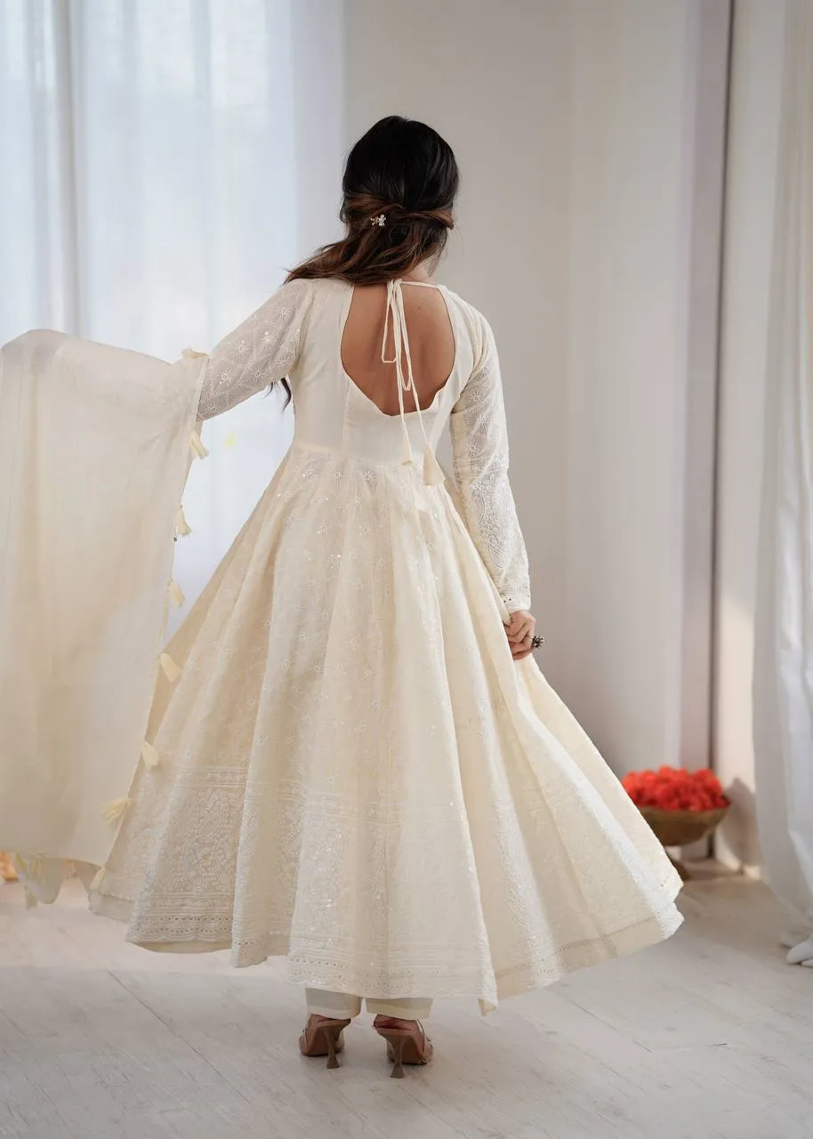 Sabina 5332 Kora Cotton Schiffli Work Anarkali Gown Pant With Dupatta