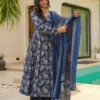 FFD Blue Rayon Slub Printed Anarkali Readymade Dress