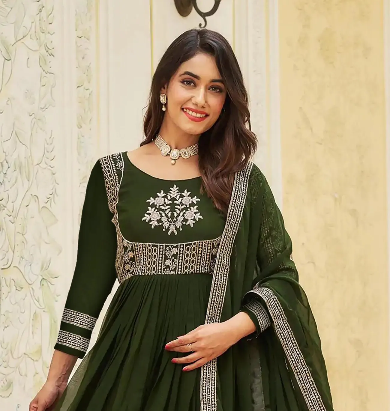 FFD Mehndi Green Georgette Anarkali Gown
