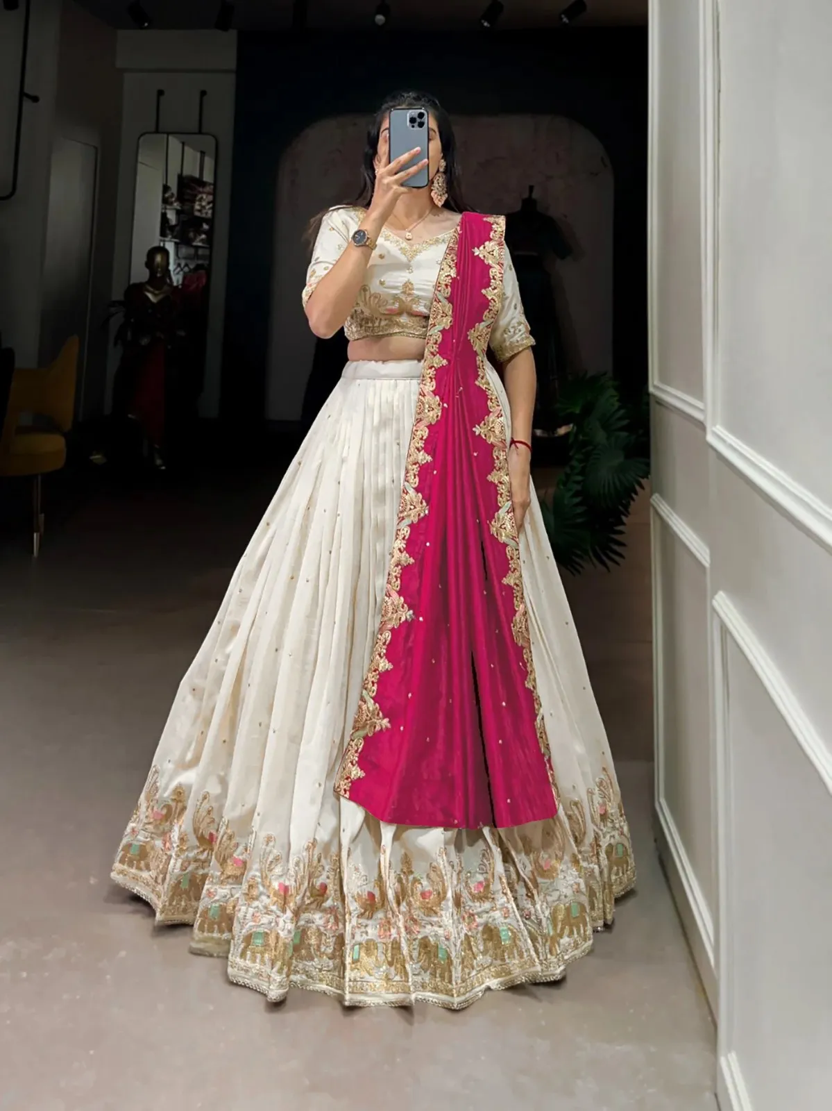 FFD White Chinon Embroidery Wedding Lehenga Choli
