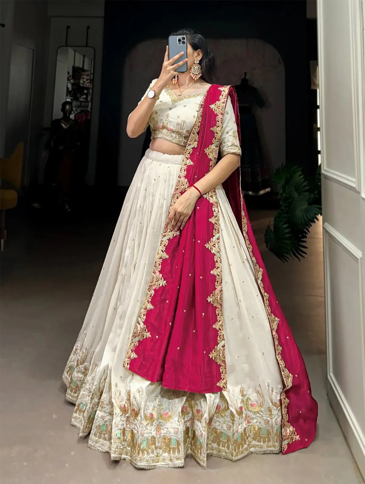 FFD White Chinon Embroidery Wedding Lehenga Choli