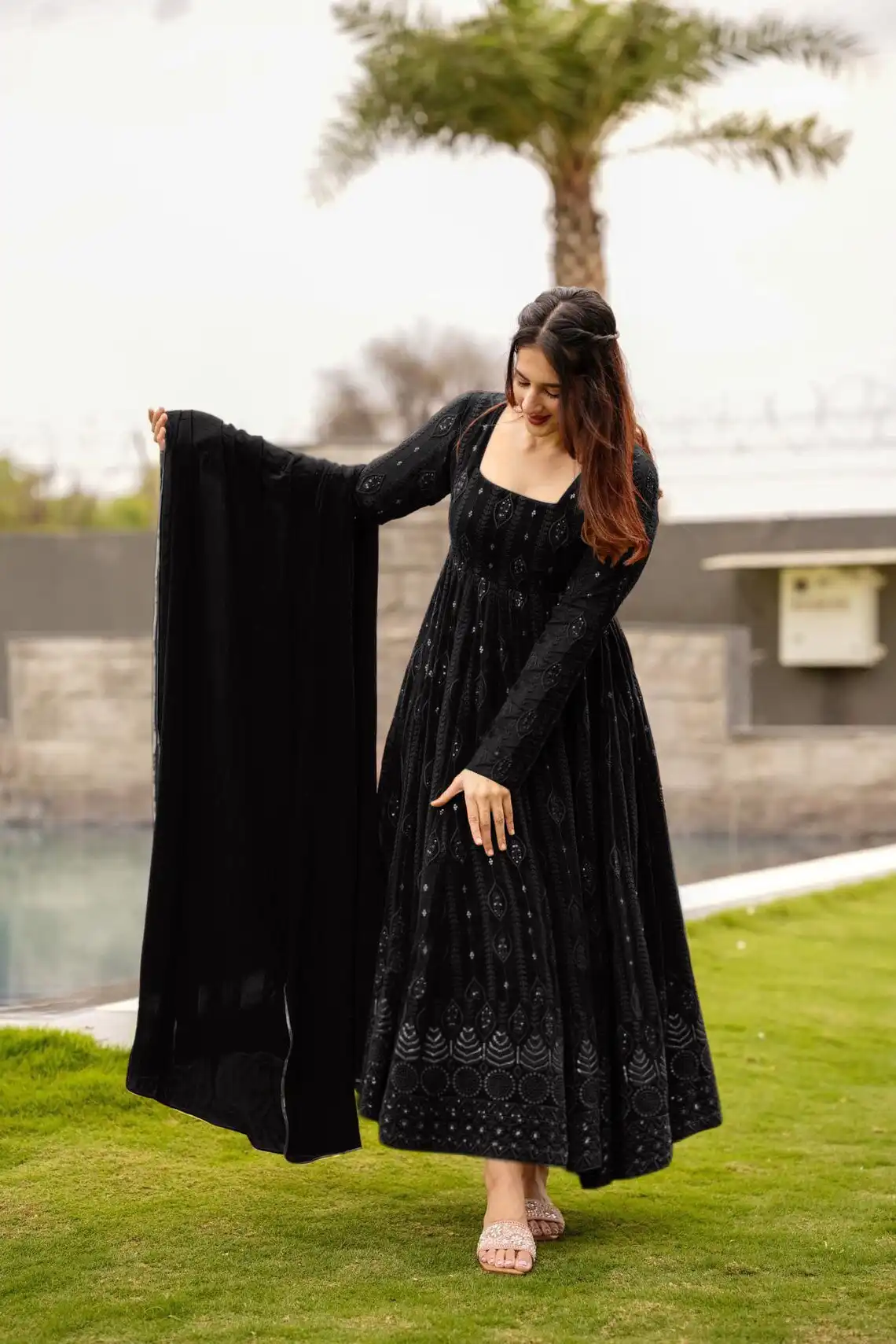 FFD Black Georgette Gown With Dupatta