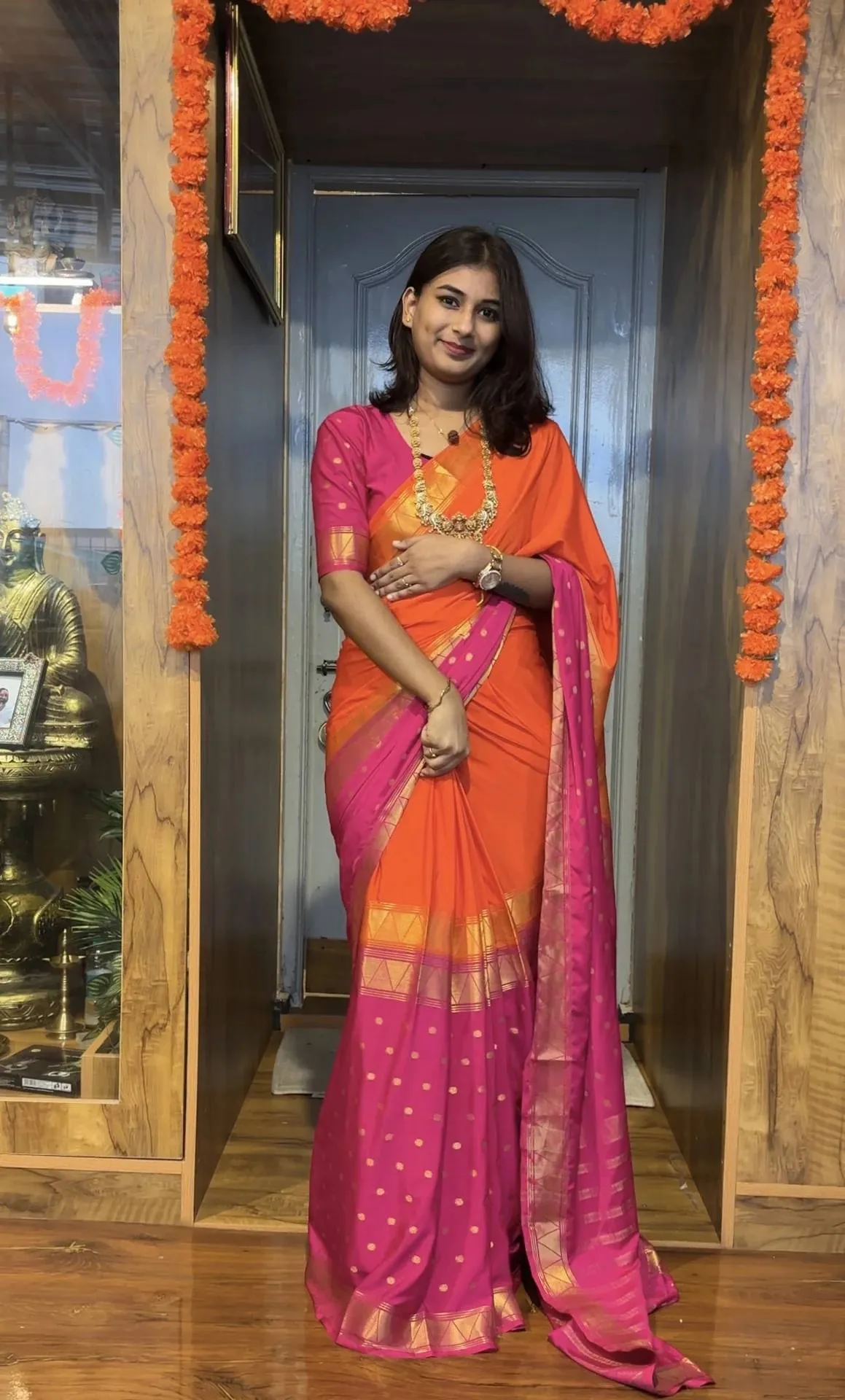 SGT 237 Mysore Silk Double Tone Orange Readymade Zip And Go Gown Saree