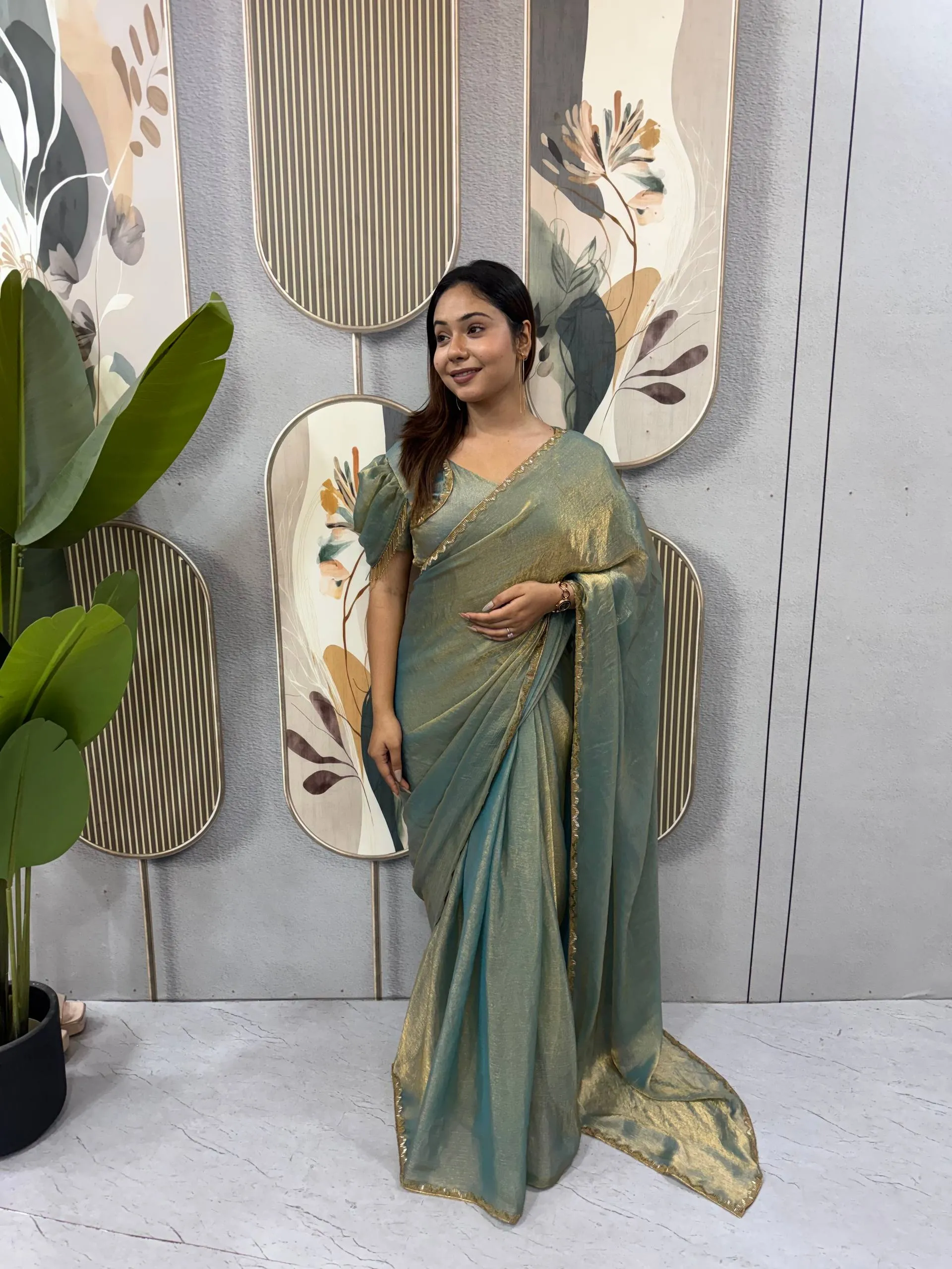 SGT 239 Space Silk Sky Blue Zip and go Gown Saree for Wedding with Beads