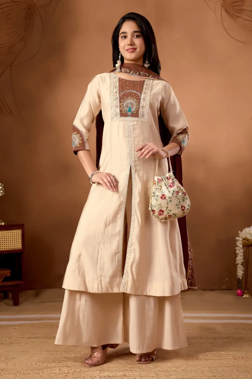 Lila 150 Roman Silk Cream Anarkali Kurti With Palazzo Set