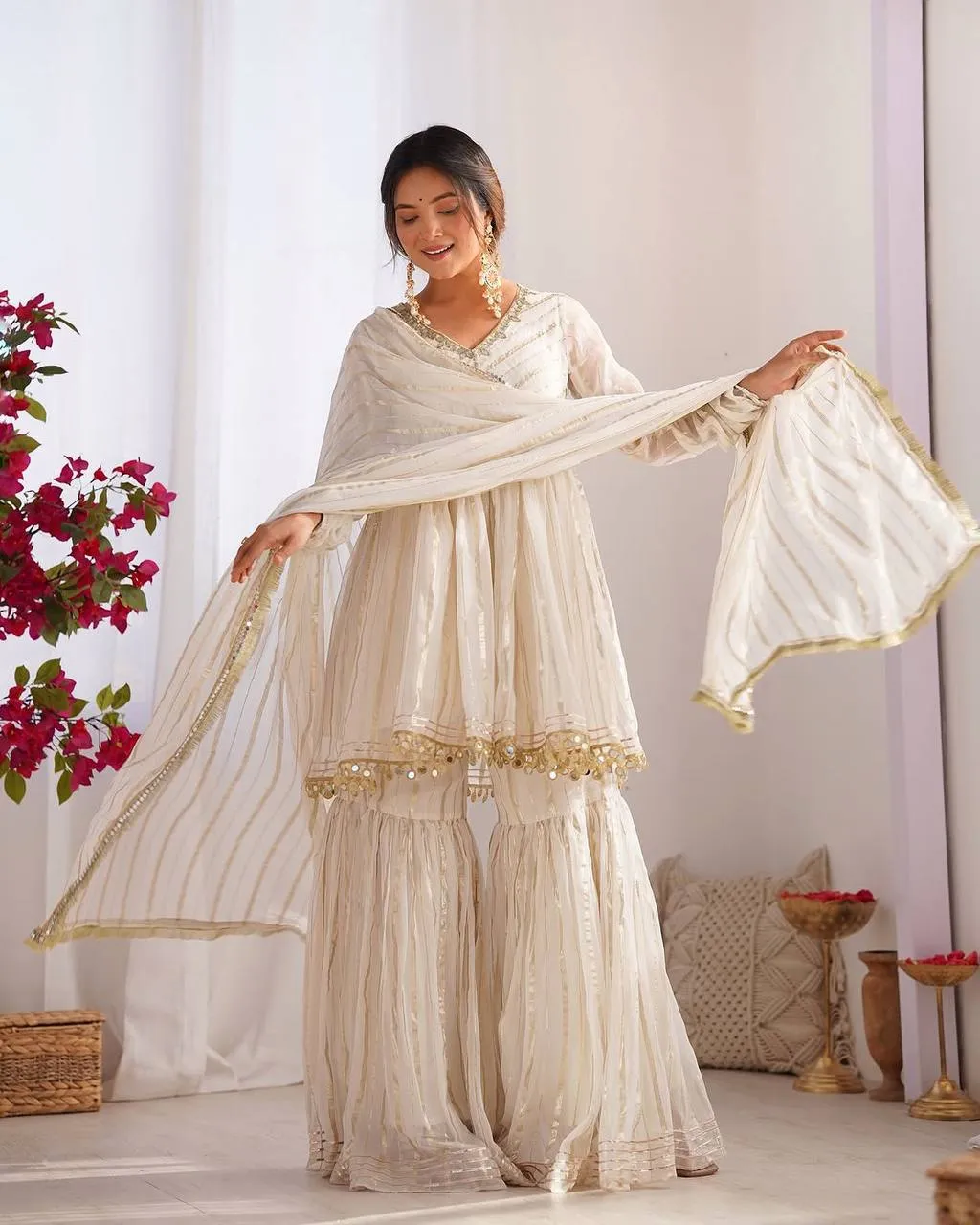Sabina 5300 White Mal Chanderi Sharara Suit With Dupatta Trading Design