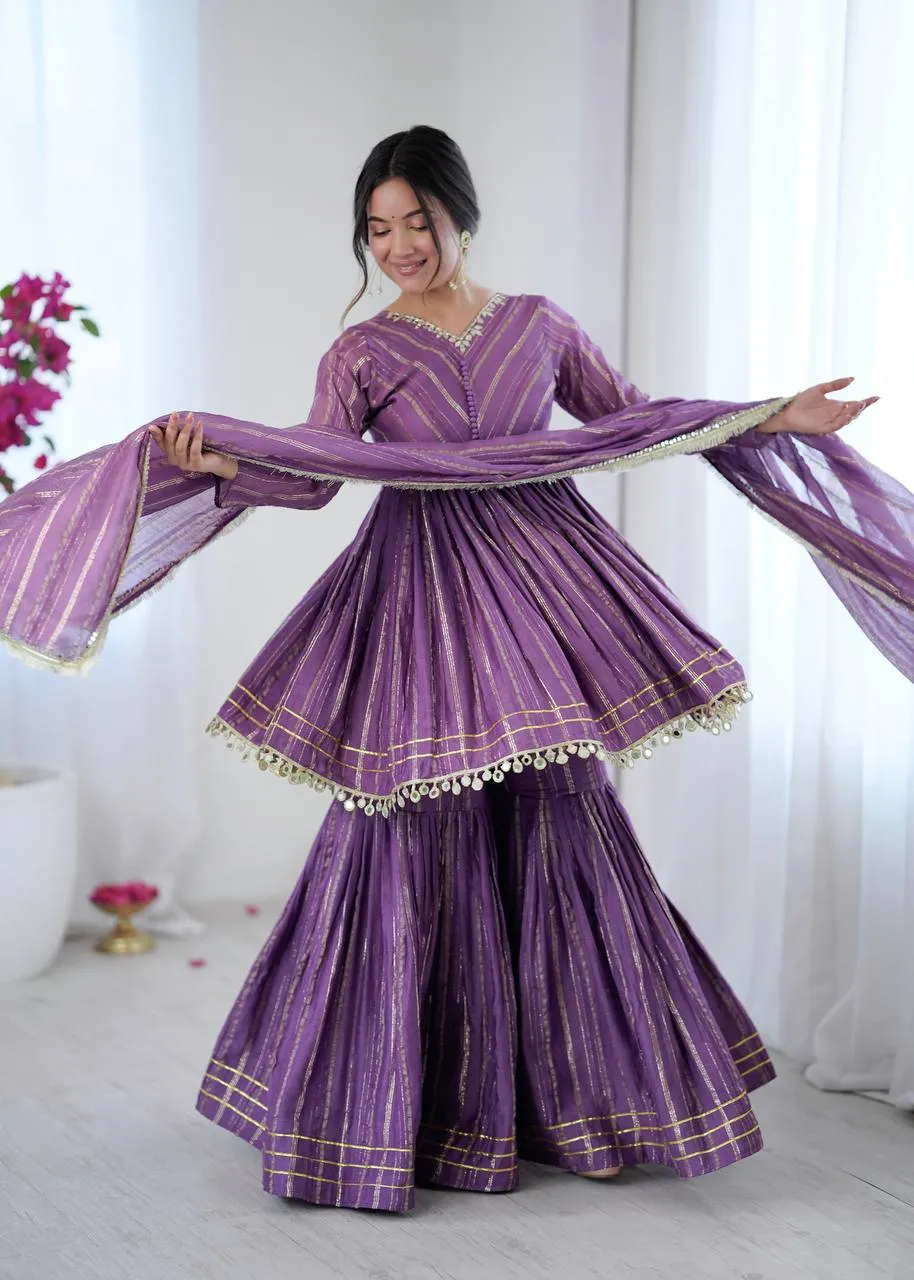 Sabina 5300 Purple Mal Chanderi Sharara Suit With Handwork