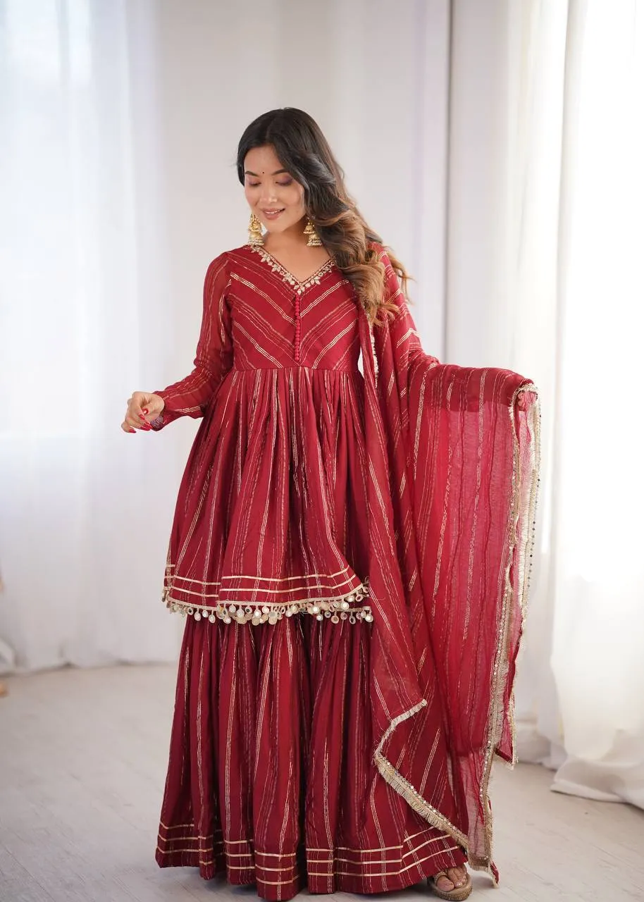 Sabina 5300 Maroon Mal Chanderi Sharara Suit With Dupatta