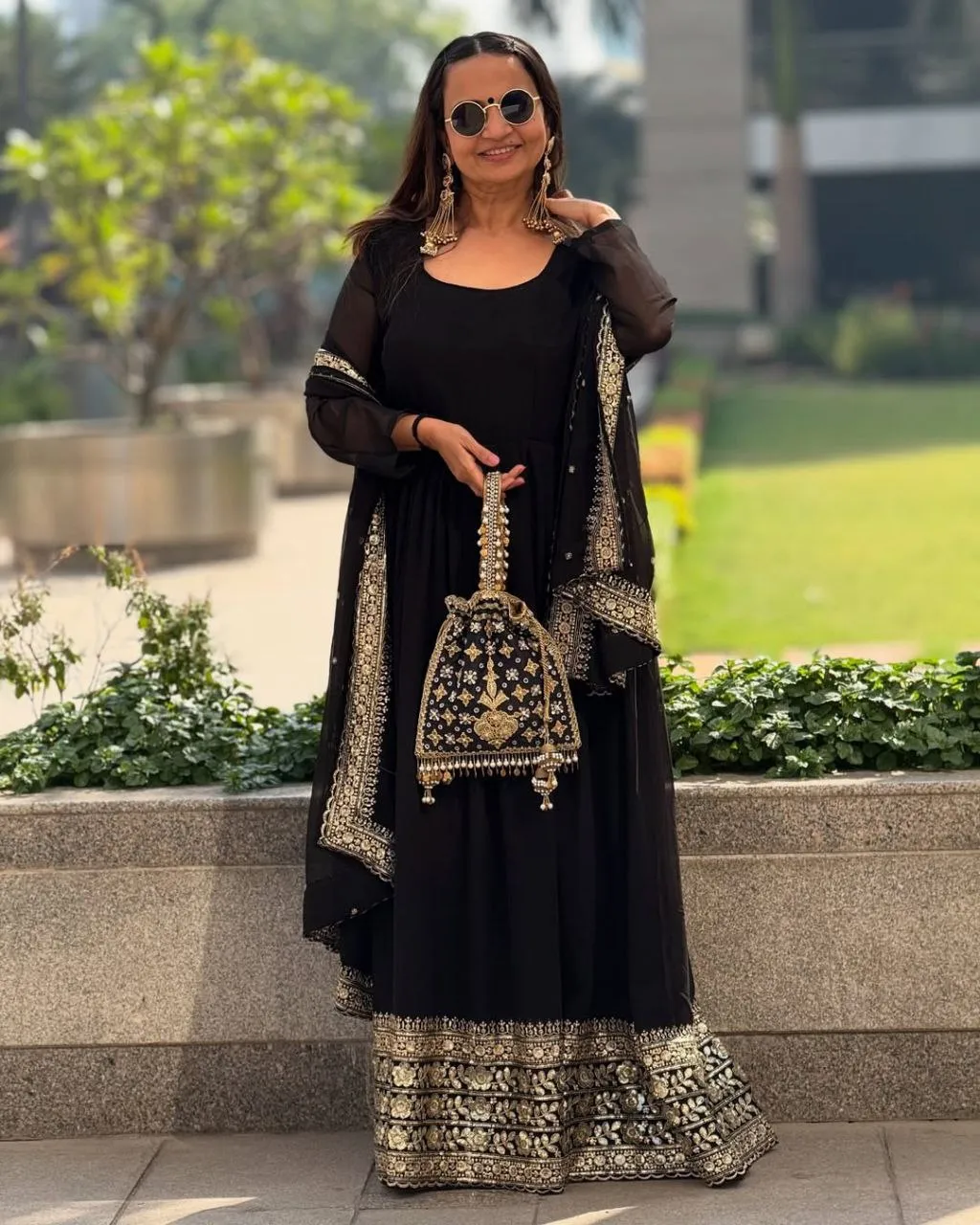 Zarin 44 Black Georgette Designer Anarkali Gown Pant With Dupatta