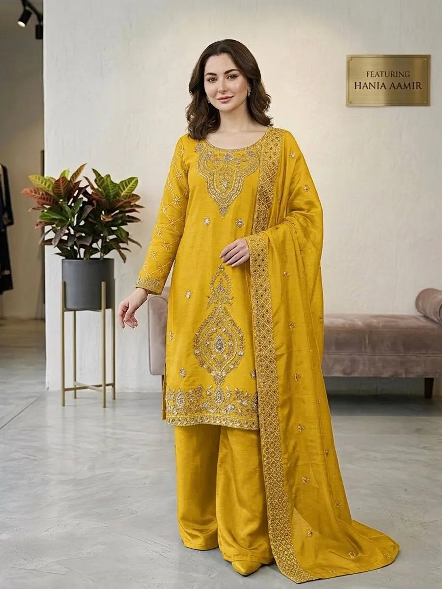 Sabina 5335 Yellow Gmy Choo Silk Kurti Palazzo With Dupatta Collection