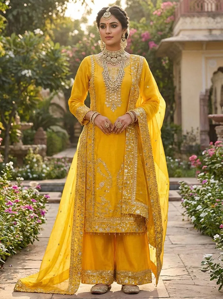 Sabina 5331 Yellow Gmy Silk Embroidery Sequence Readymade Dress