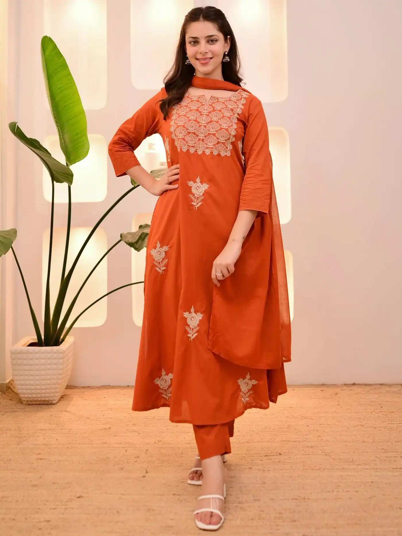 FFD Vol 116 Orange Embroidery Kurti Pent With Dupatta