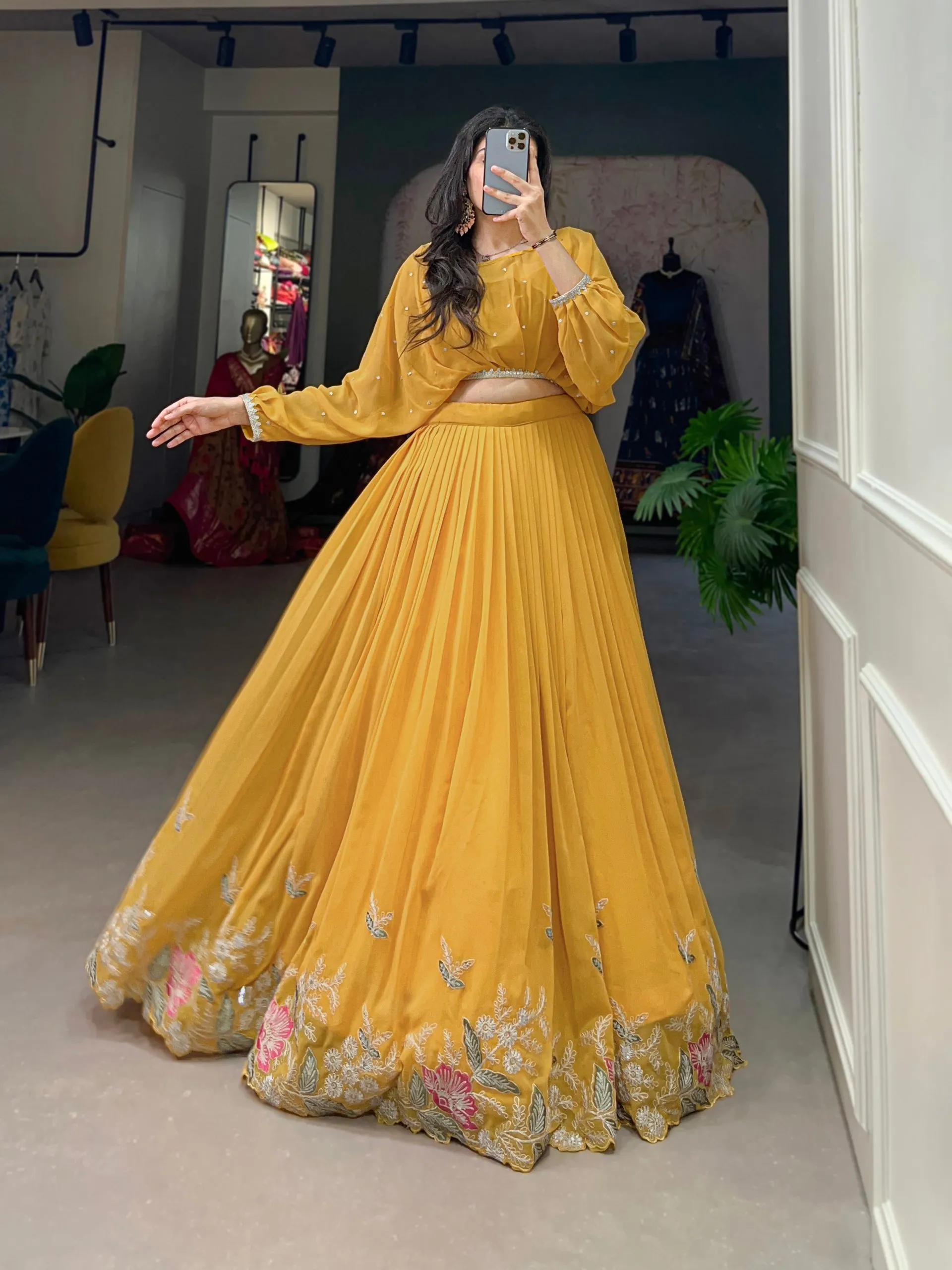 WMN 1118 Yellow Georgette Designer Co Ord Set Lehenga For Women