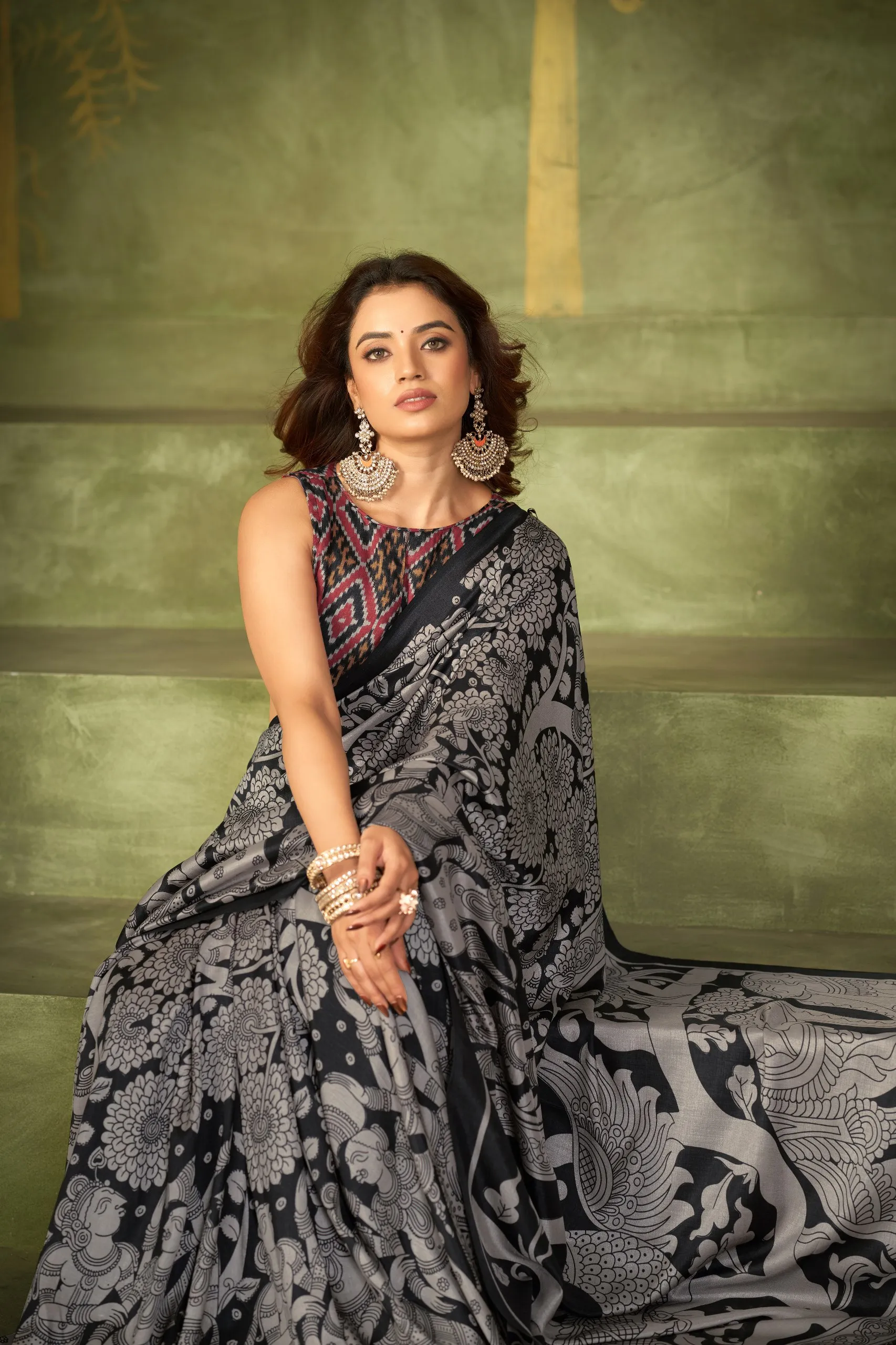WMN 7301 Black Tasar Silk Kalamkari Printed Saree Collection