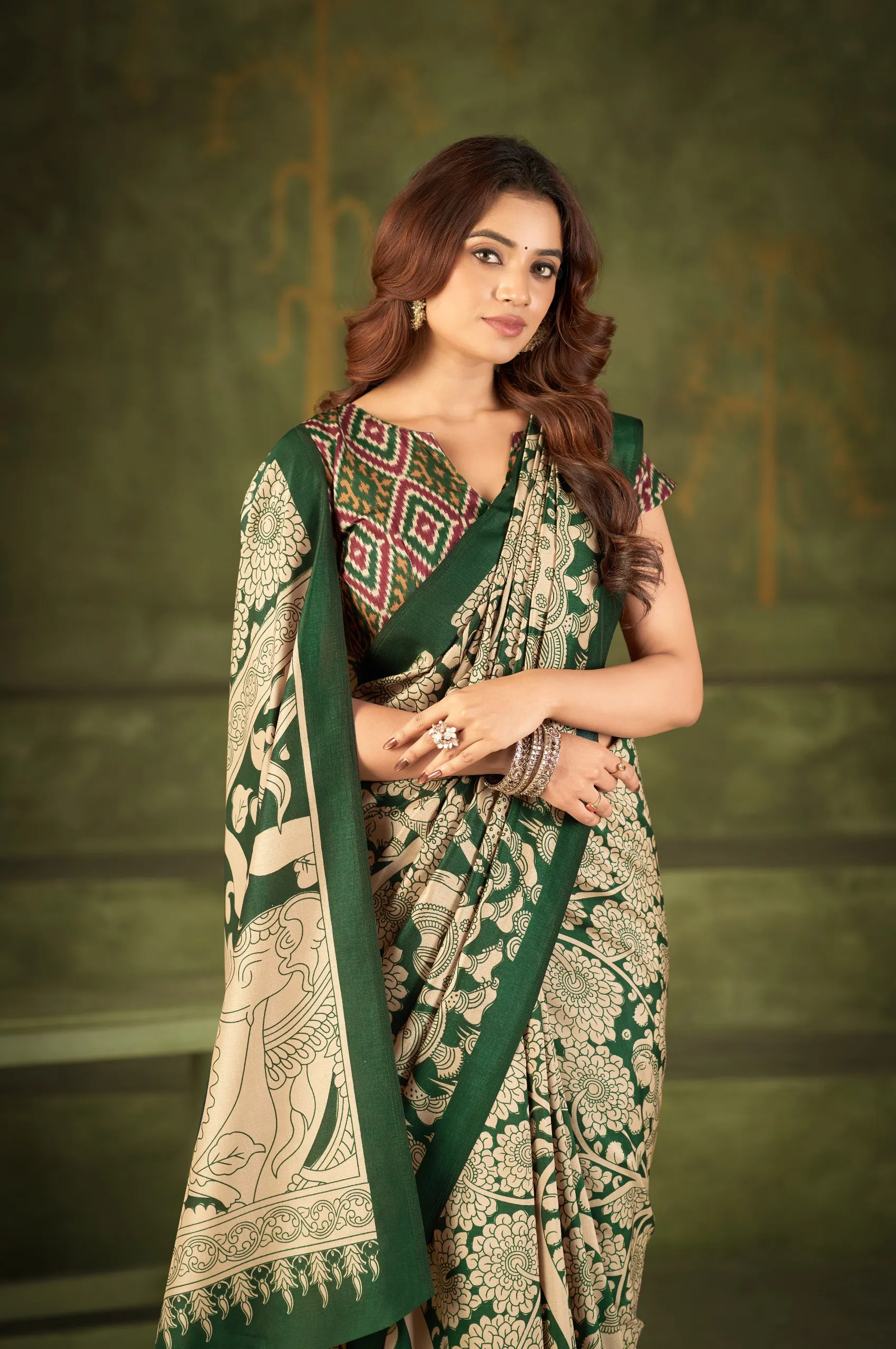 WMN 7301 Green Tasar Silk Kalamkari Printed Saree For Women