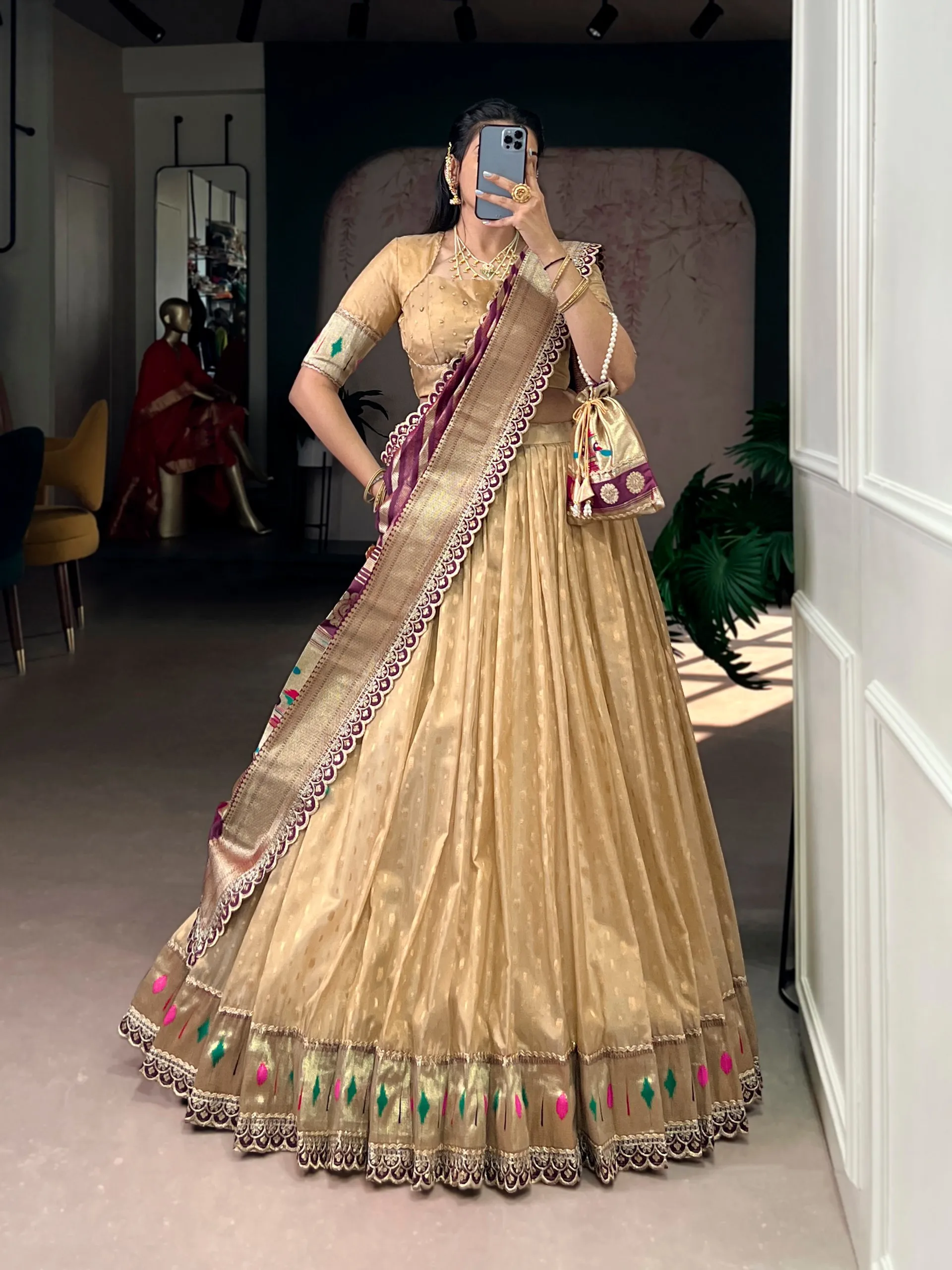 WMN 2032 Cream Organza Weaving Paithani Lehenga Choli