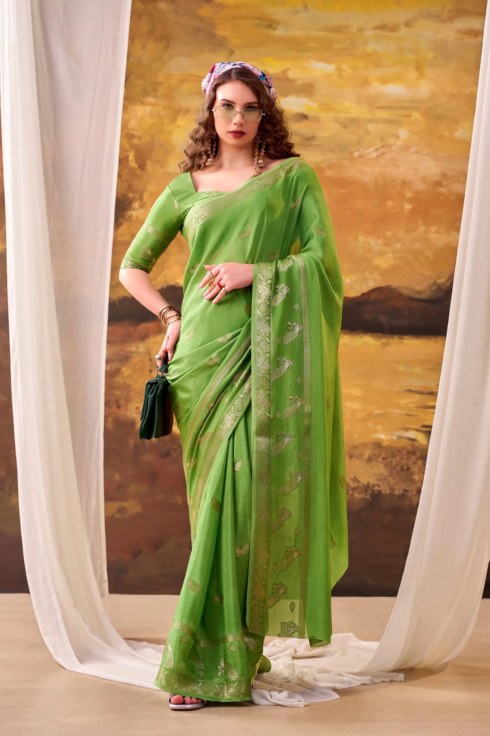 WMN 7913 Green Crepe Weaving Work Saree Festival Collection