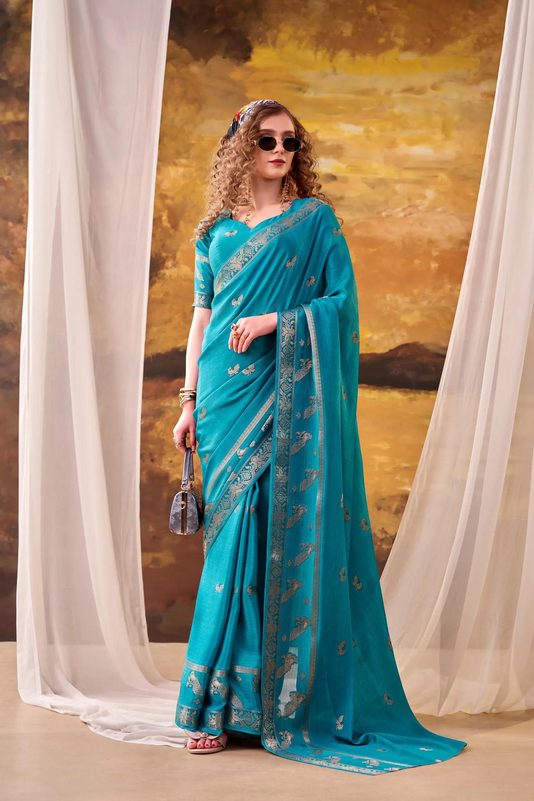 WMN 7913 Sky Blue Crepe Saree Collection With Weaving Work