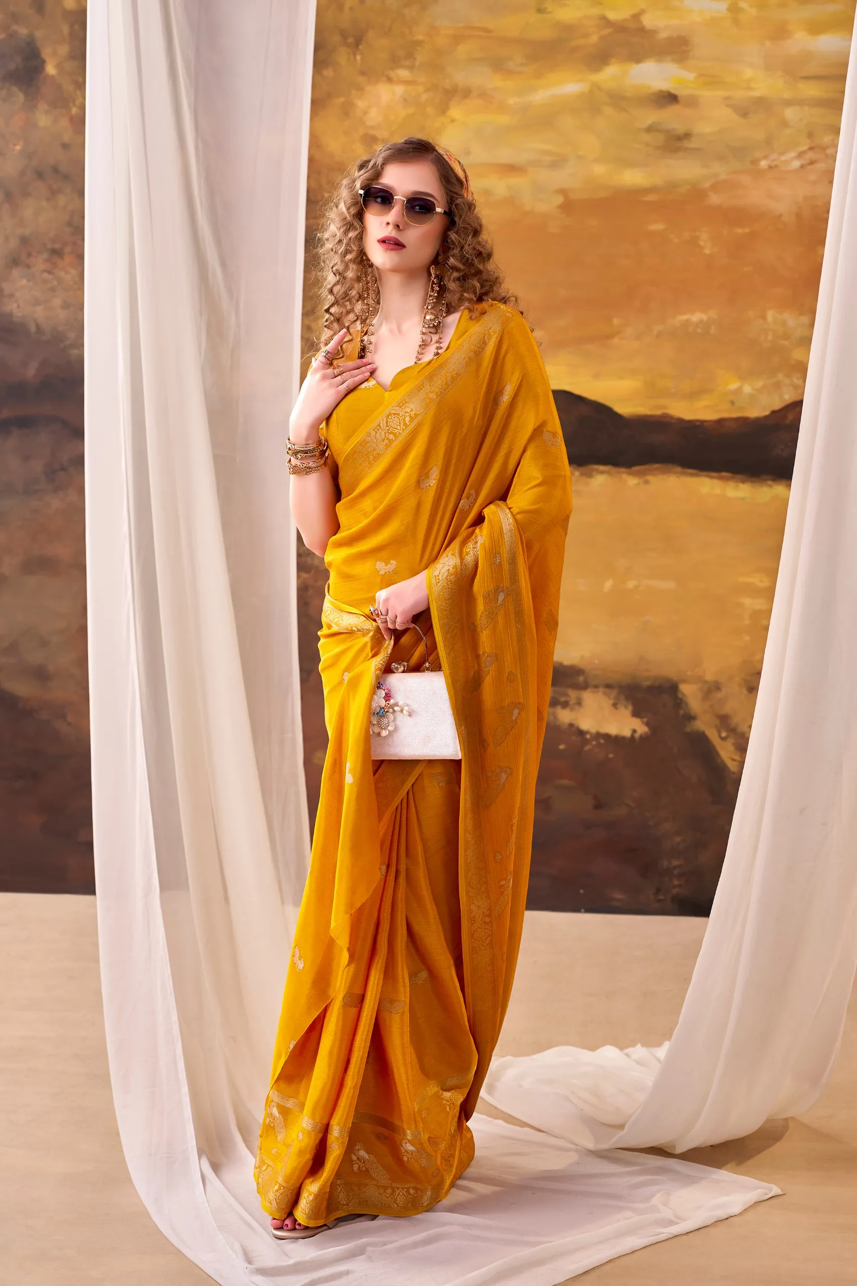 WMN 7913 Yellow Crepe Weaving Saree Party Wear Collection