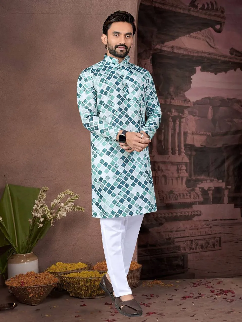 Shyam Cotton Kurta Pajama Printed Sequence Embroidery Work