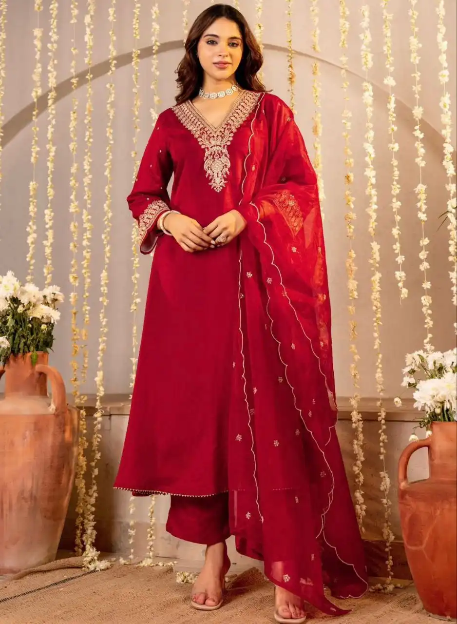 Beauty J 1011 Red Roman Silk Readymade Dress Collection