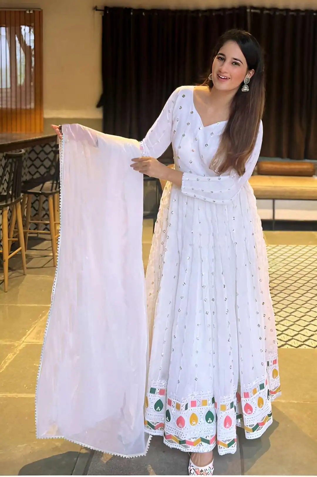 FFD Rangroop White Georgette Gown Dupatta