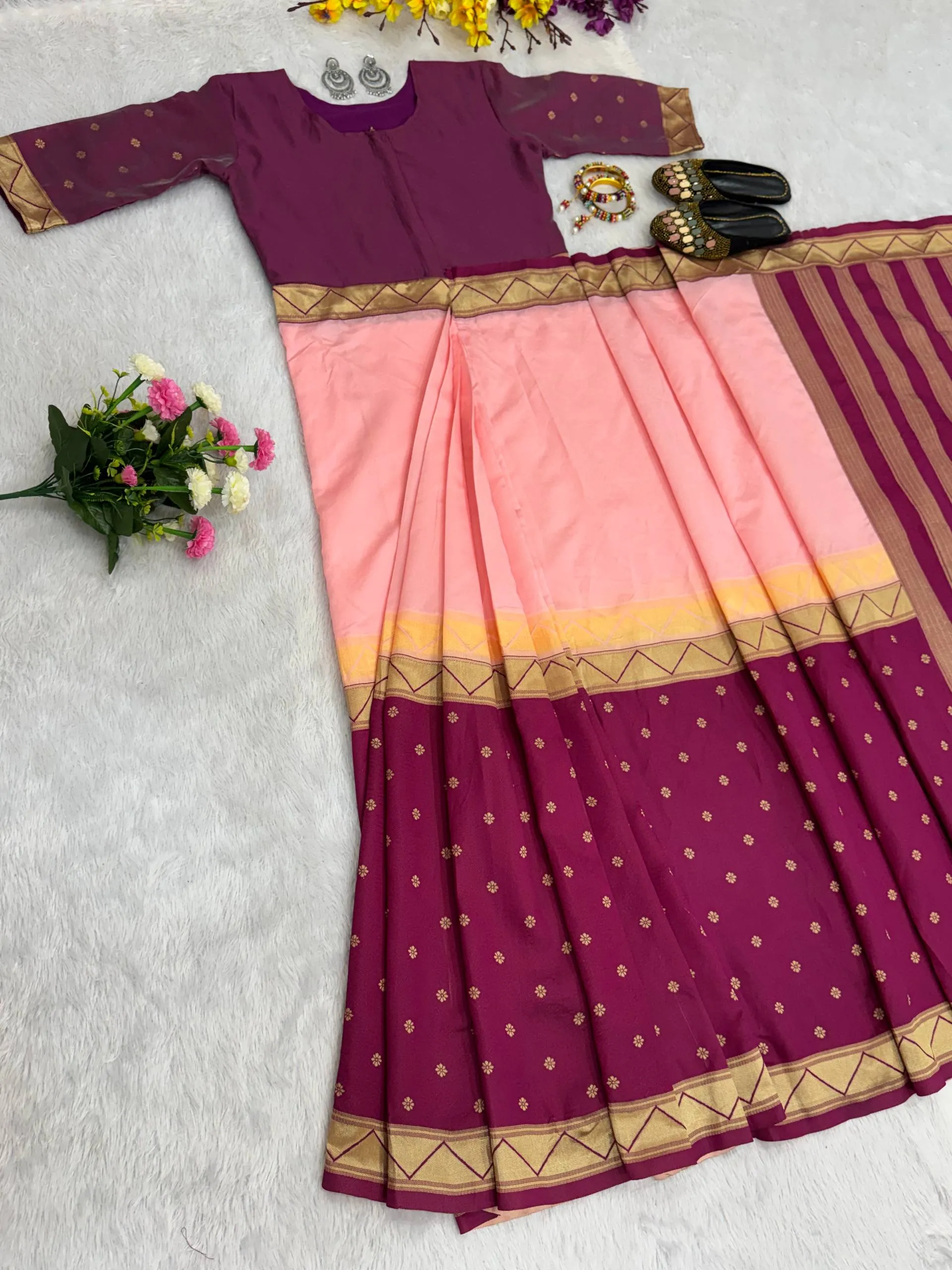SGT 237 Mysore Silk baby Pink Zip Gown Saree Trading Design