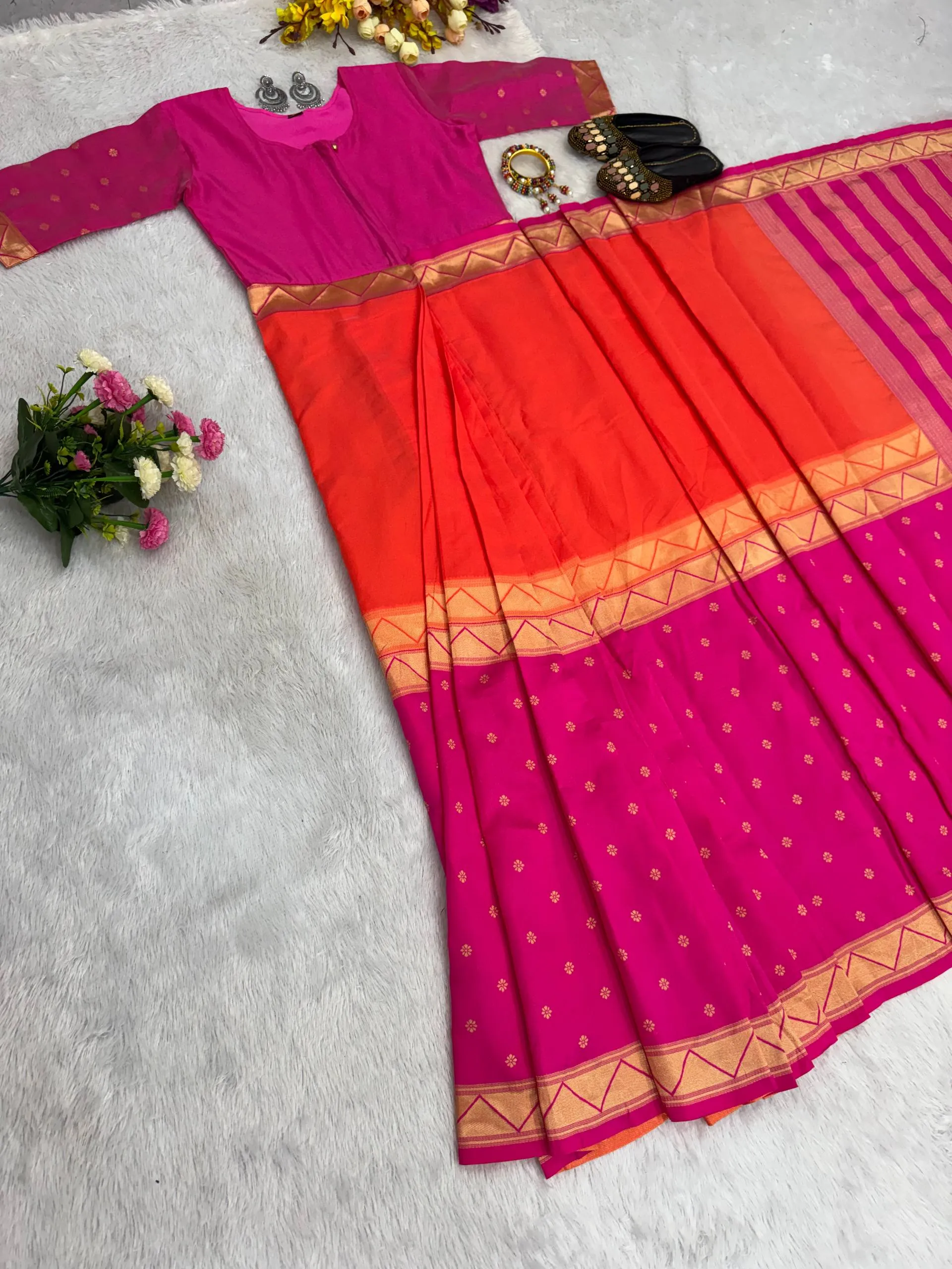 SGT 237 Mysore Silk Double Tone Orange Readymade Zip And Go Gown Saree