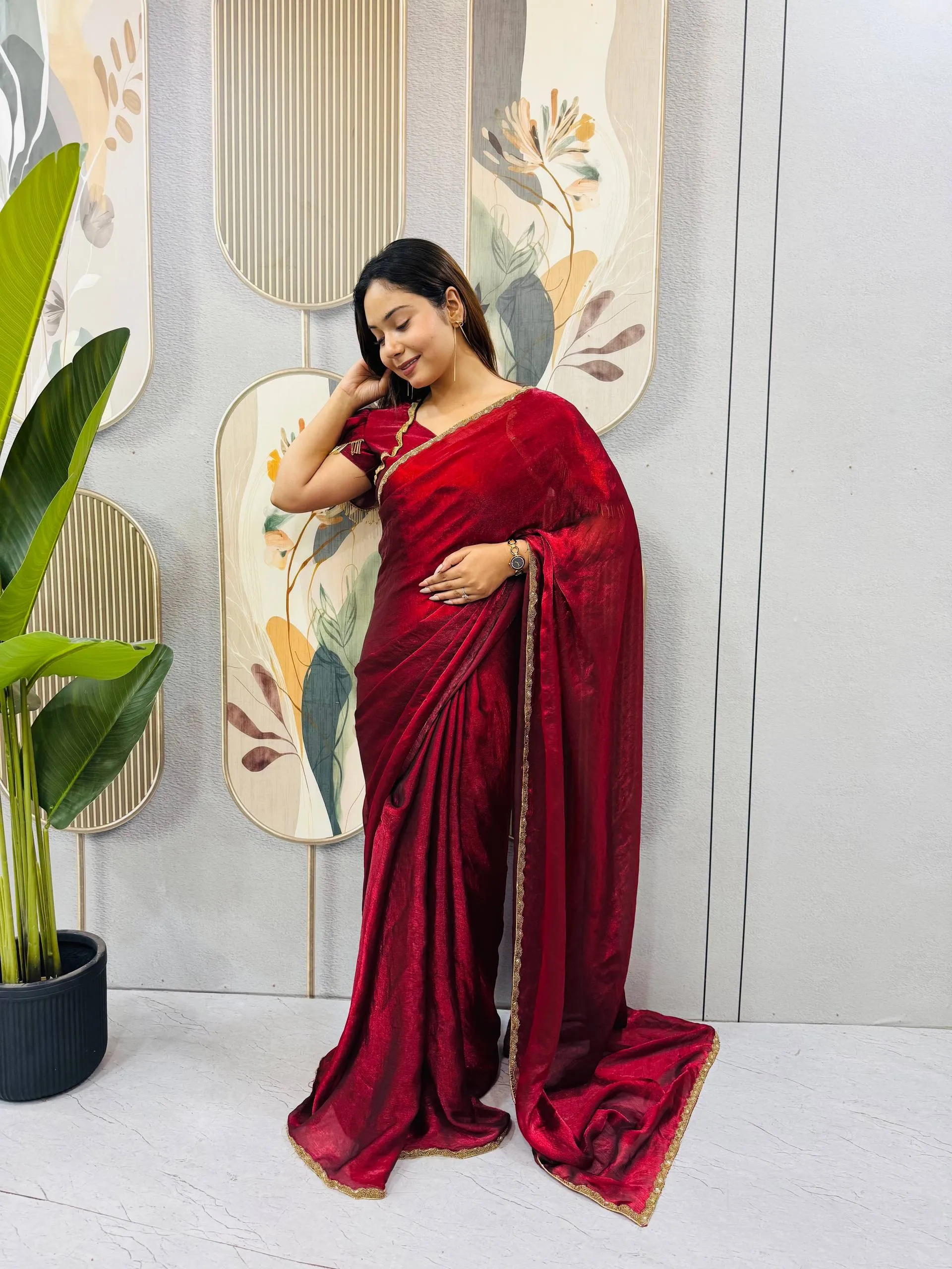 SGT 239 Space Silk Maroon Zip and go Gown Saree for Party Wear Design