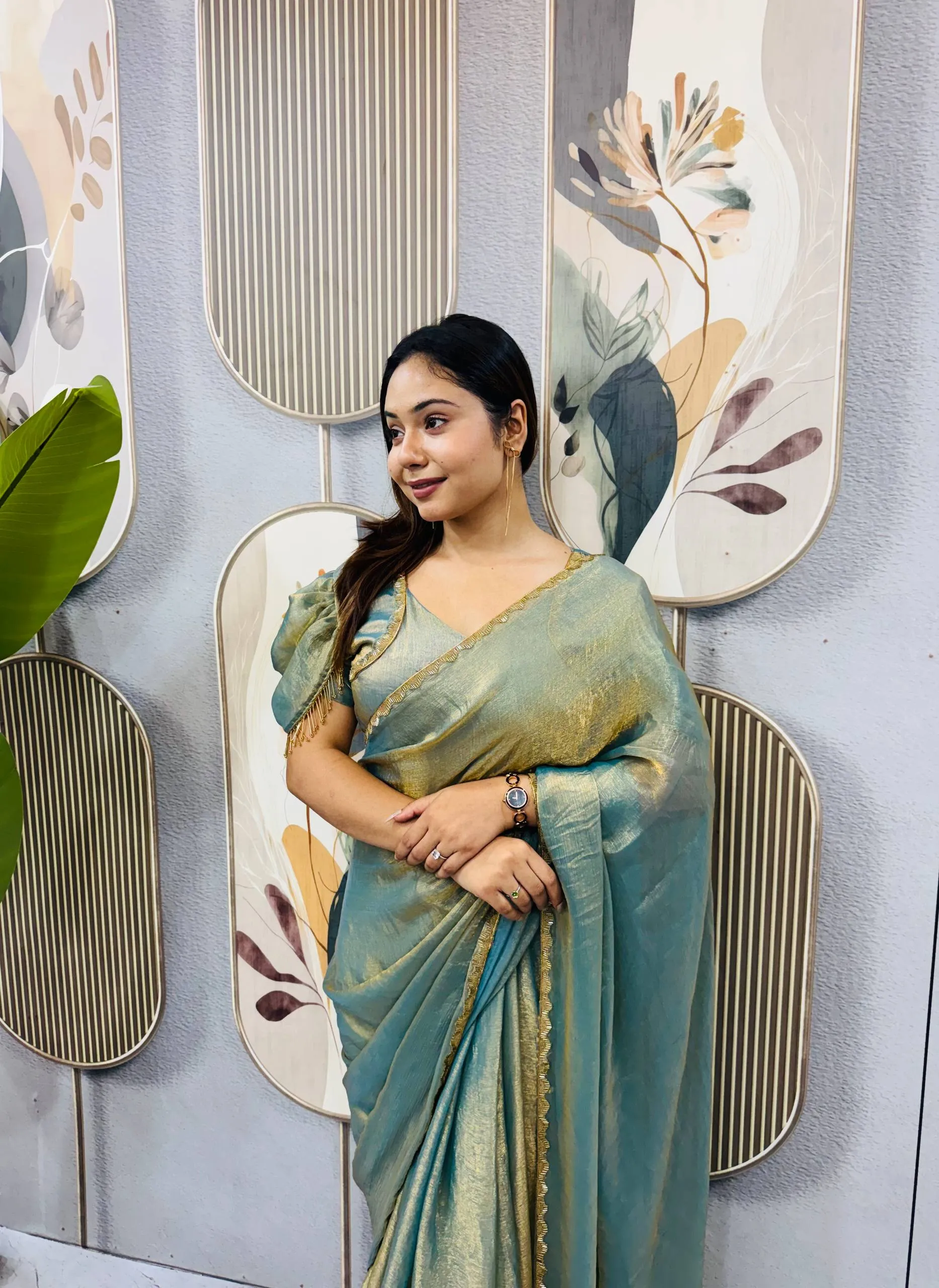 SGT 239 Space Silk Sky Blue Zip and go Gown Saree for Wedding with Beads