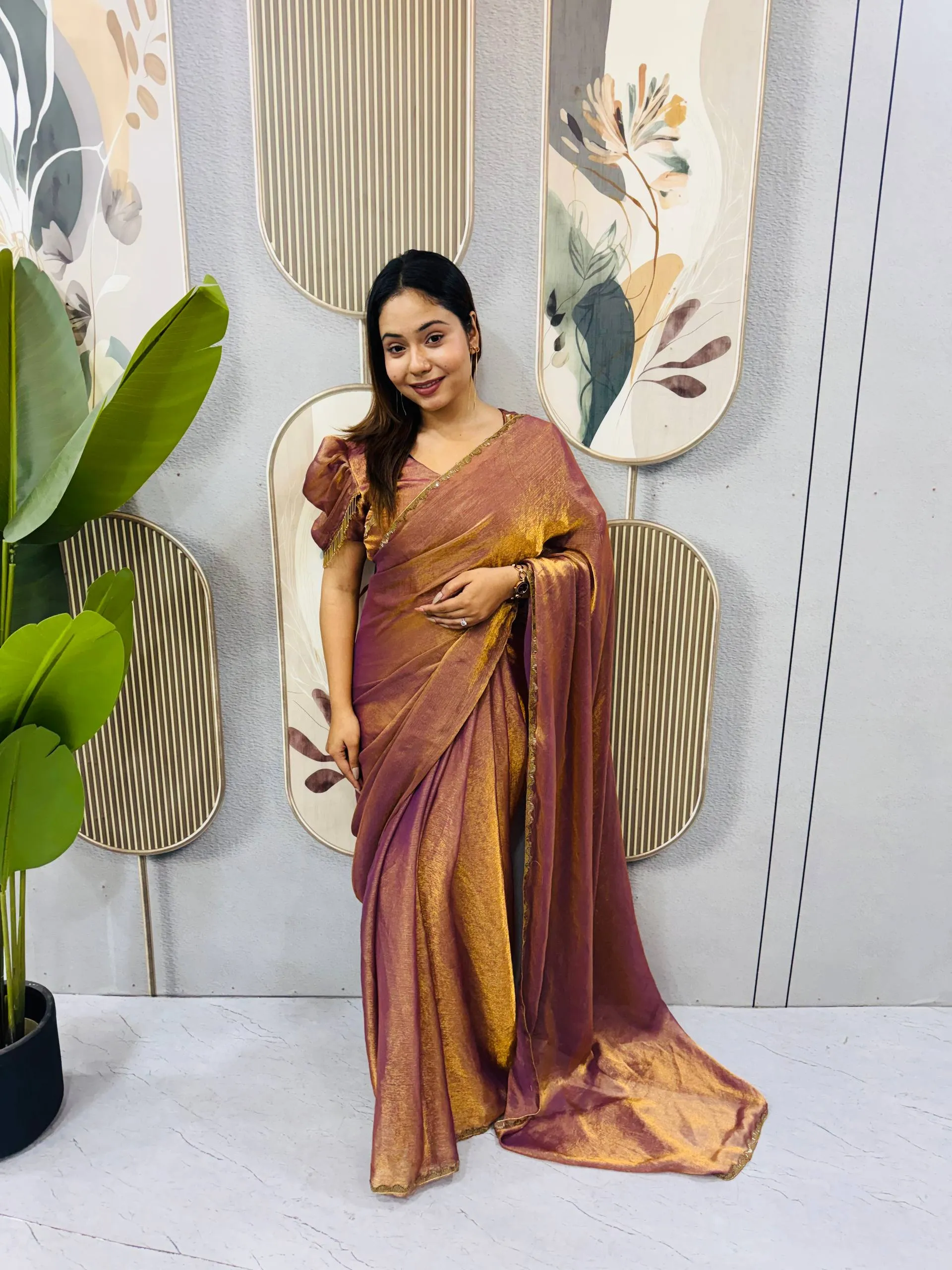SGT 239 Gold Space Silk Color Zip and go Gown Saree with Beads