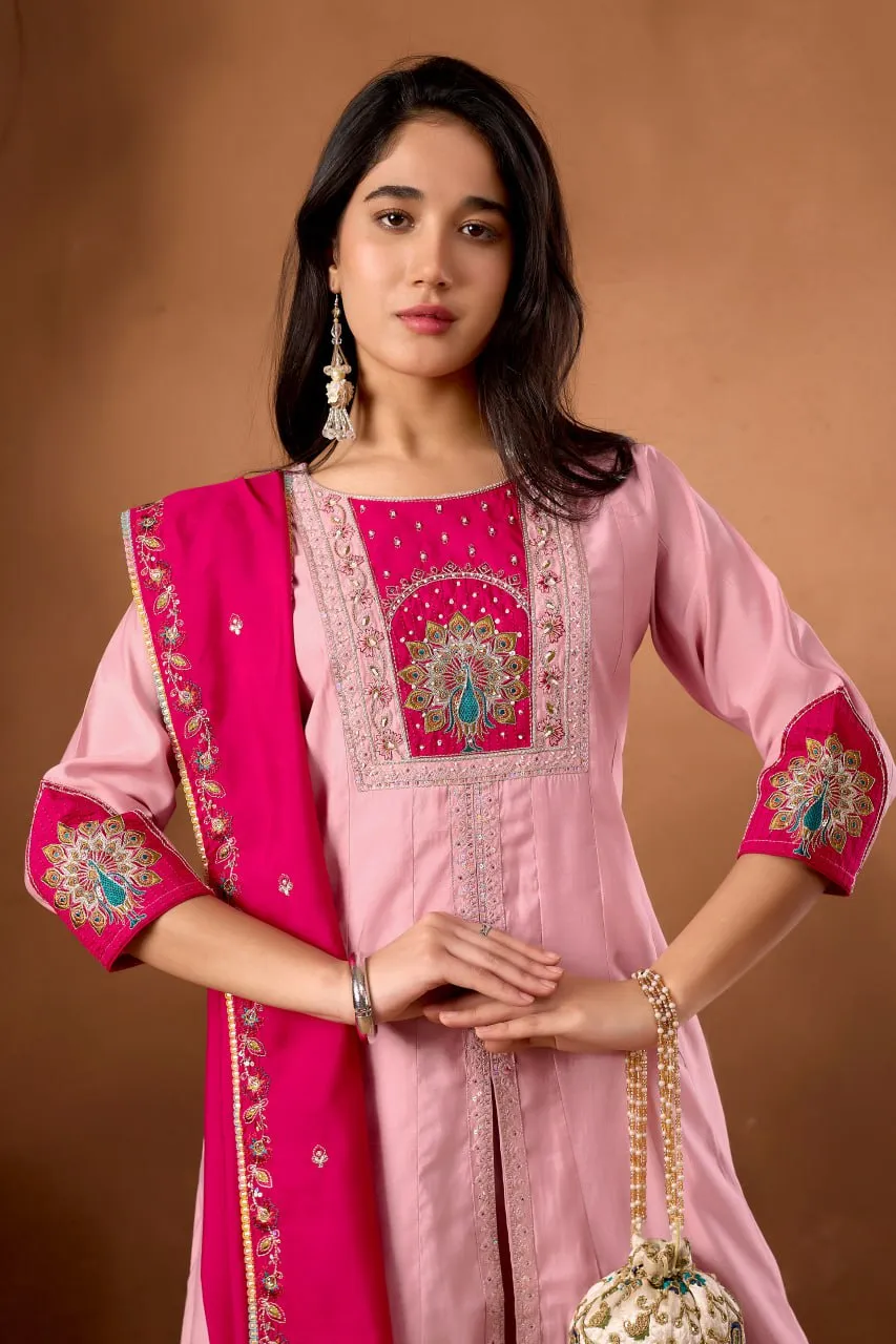 Lila 150 Roman Silk Anarkali Kurti With Palazzo With Embroidery Work