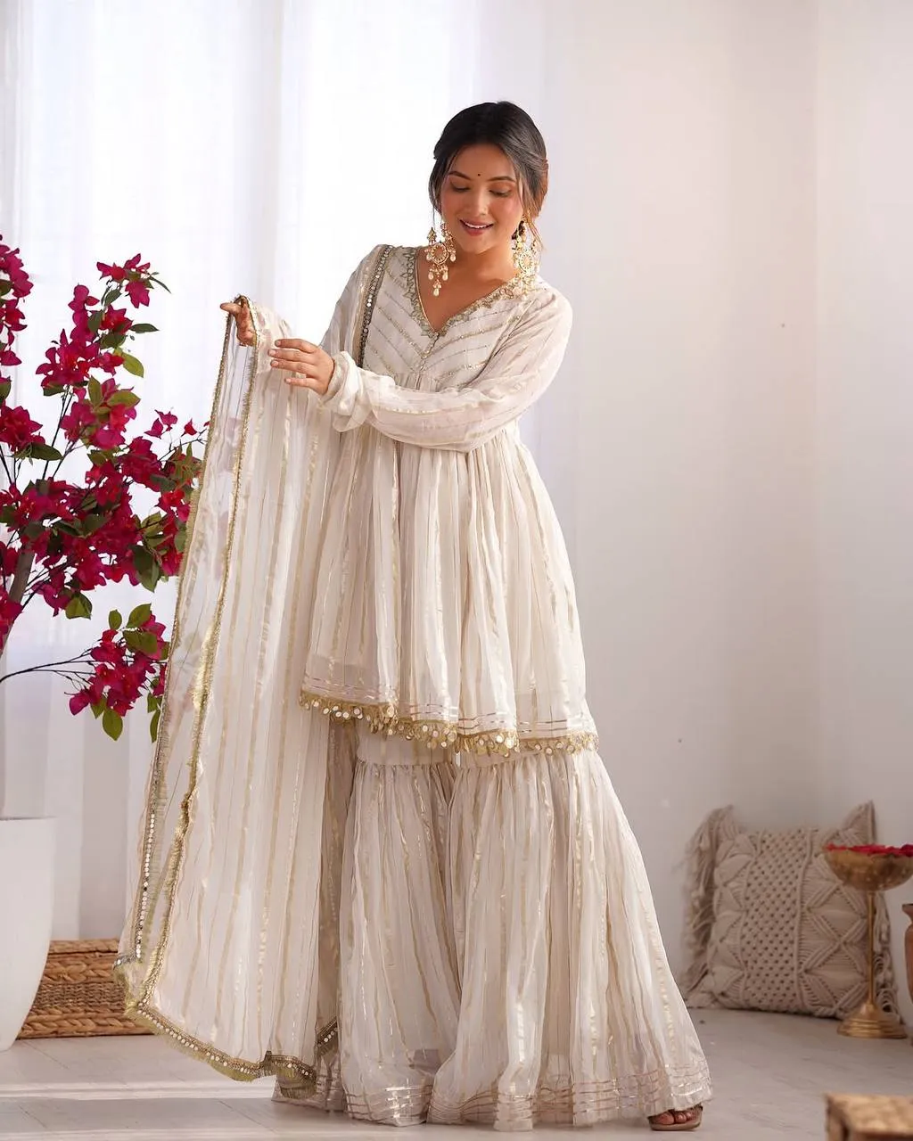 Sabina 5300 White Mal Chanderi Sharara Suit With Dupatta Trading Design
