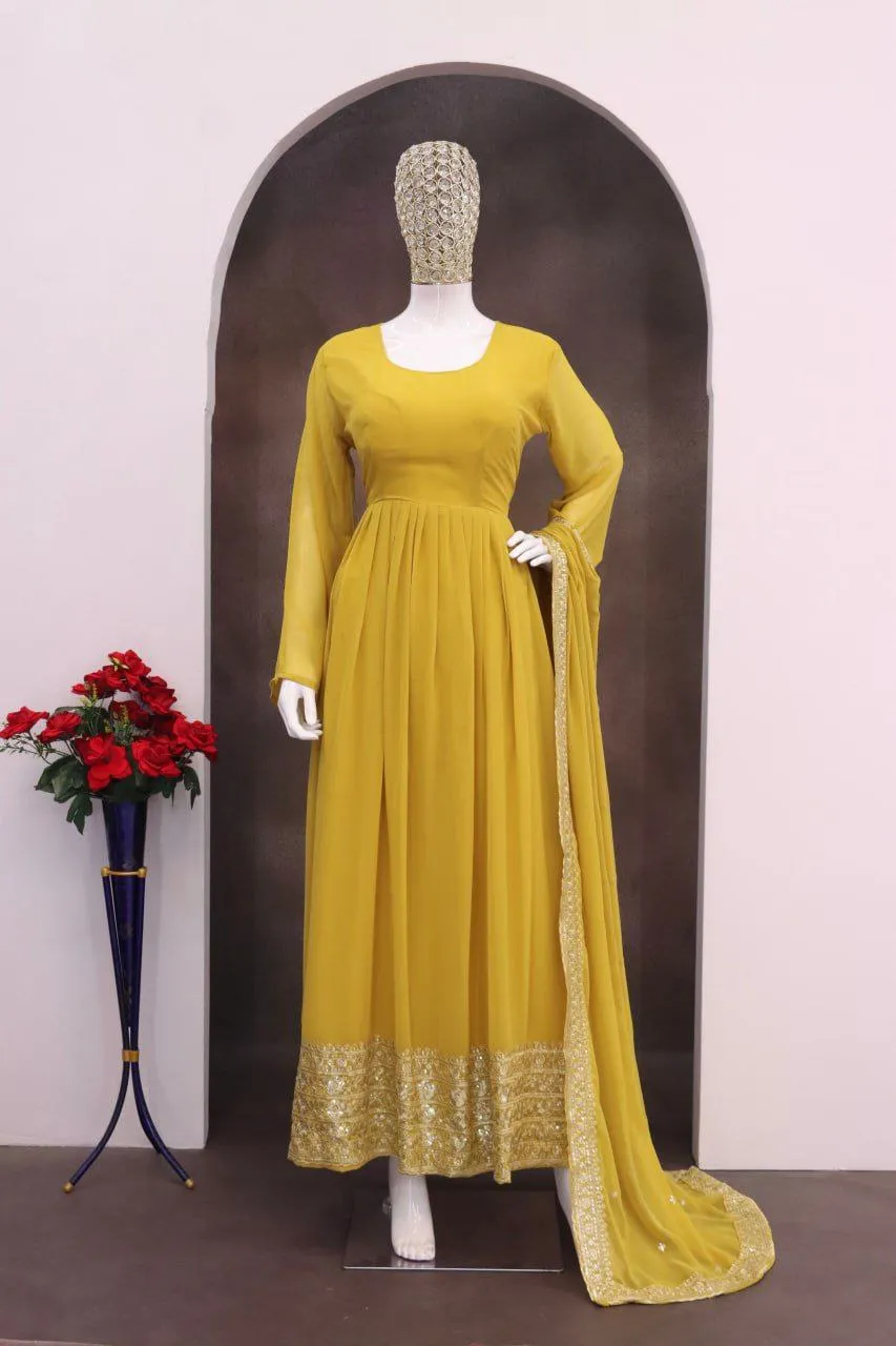Zarin 44 Yellow Georgette Wedding Anarkali Gown Pant With Dupatta