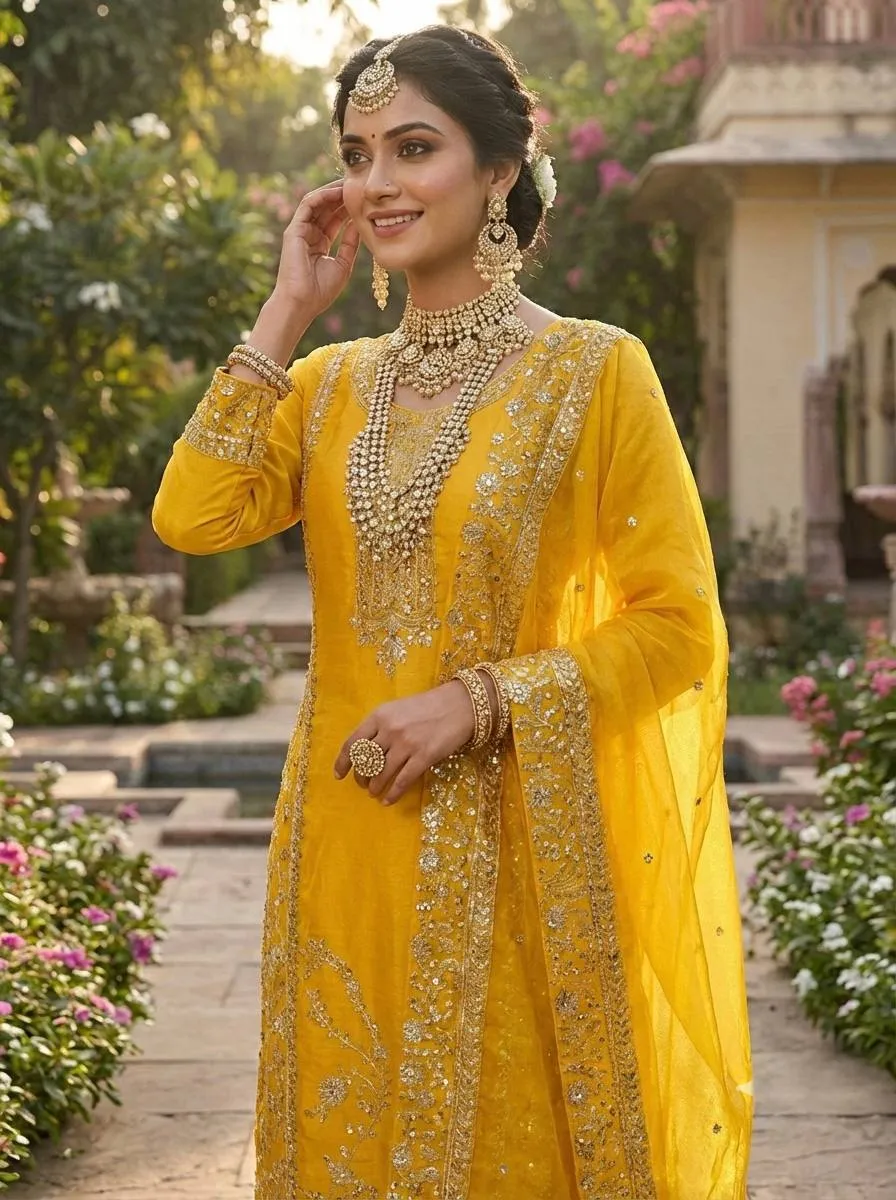 Sabina 5331 Yellow Gmy Silk Embroidery Sequence Readymade Dress