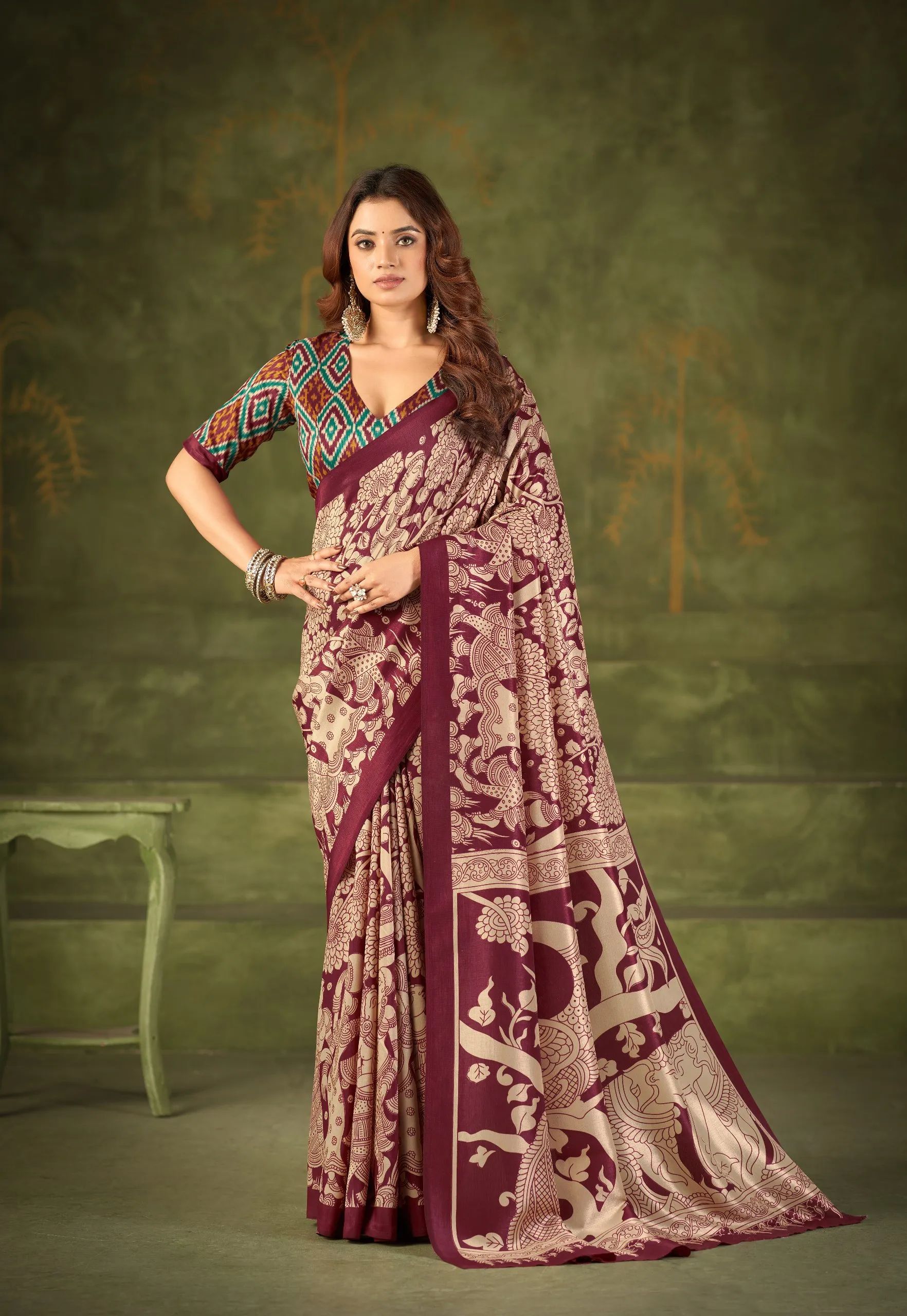 WMN 7301 Maroon Tasar Silk Kalamkari Printed Saree