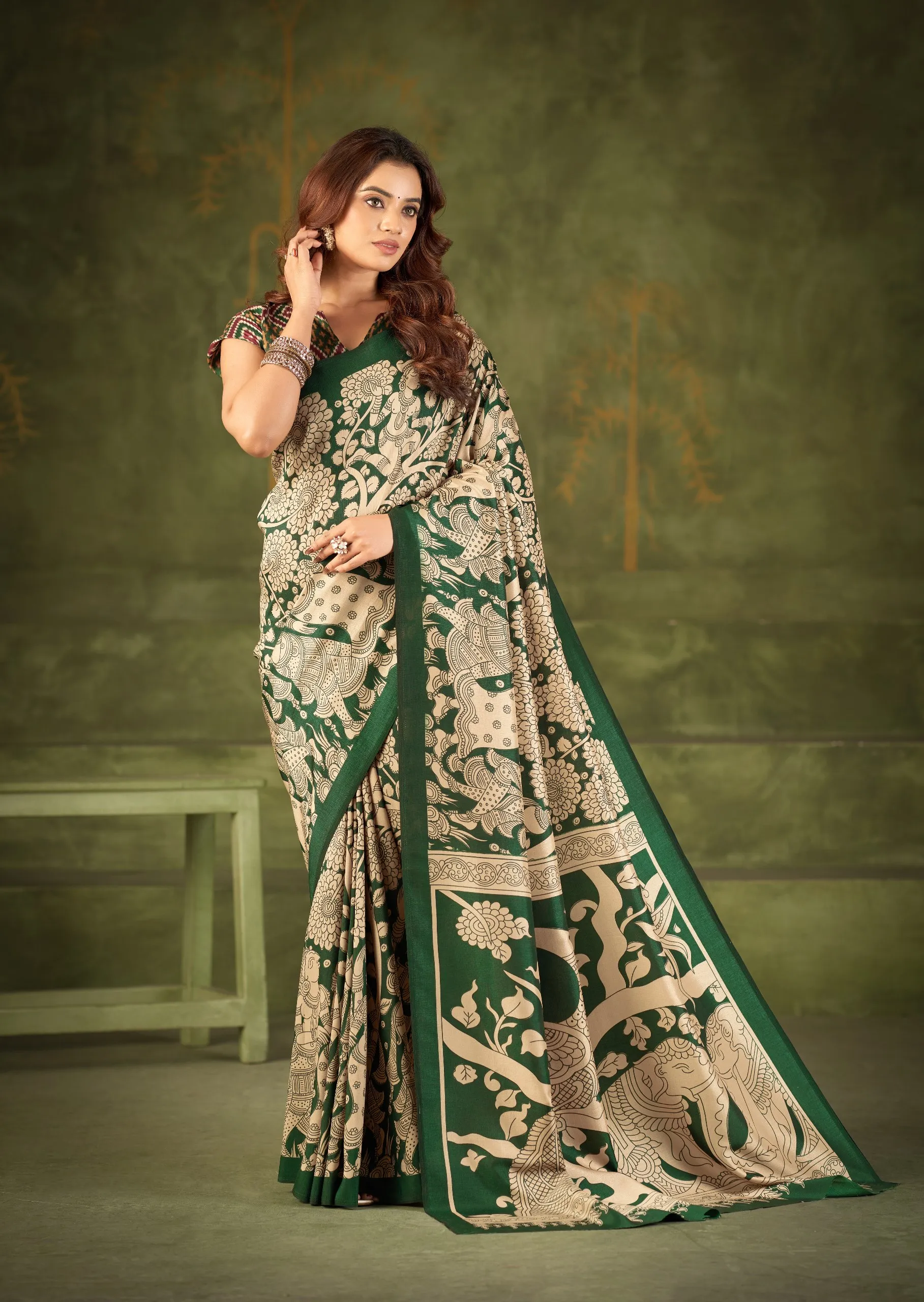 WMN 7301 Green Tasar Silk Kalamkari Printed Saree For Women
