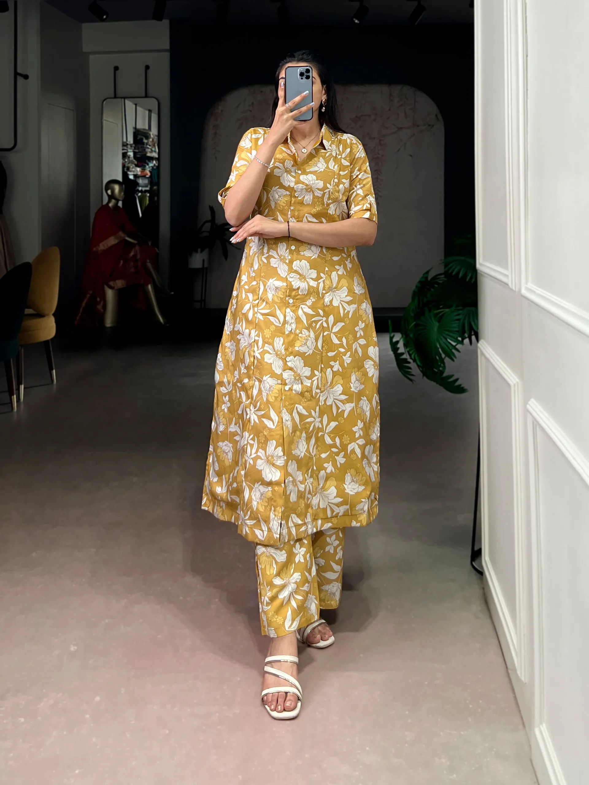 WMN 4702 Yellow Chanderi Floral Printed Co Ord Set Collection