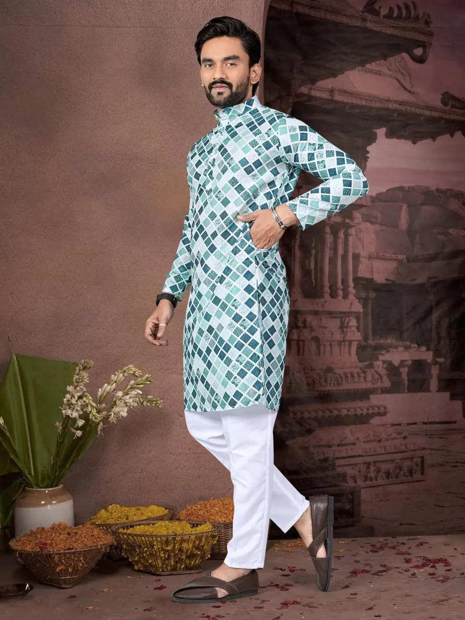 Shyam Cotton Kurta Pajama Printed Sequence Embroidery Work