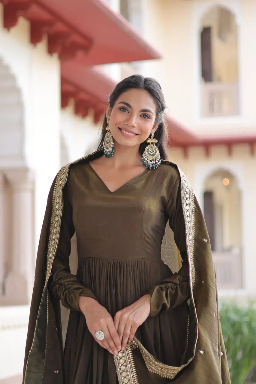 Moni 1218 Vichitra Silk Festive Gown with Sequins Work And Dupatta