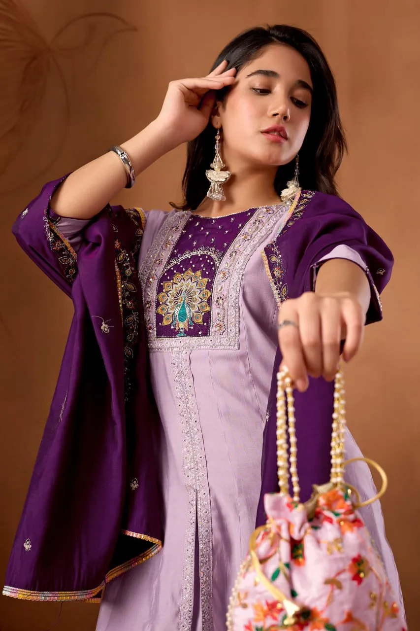 Lila 150 Roman Silk Purple Anarkali Kurti With Palazzo Set