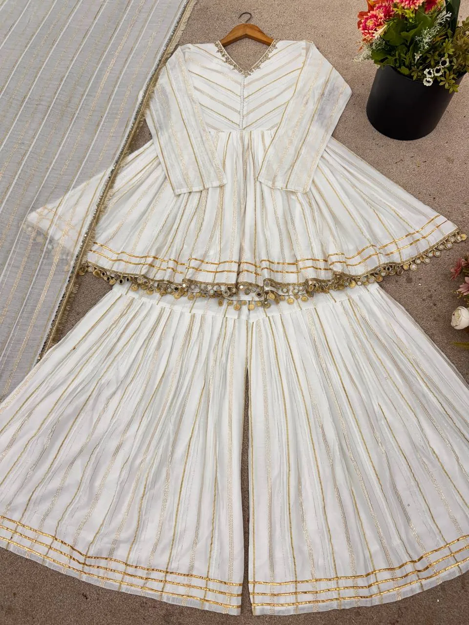 Sabina 5300 White Mal Chanderi Sharara Suit With Dupatta Trading Design